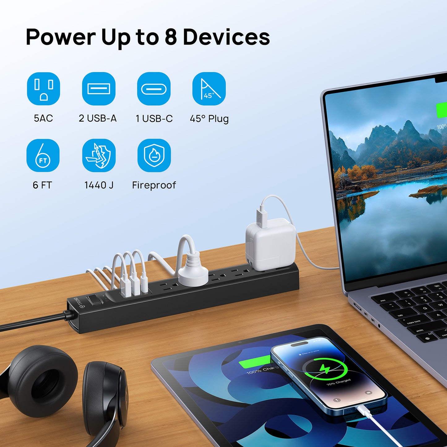 Power Strip Surge Protector USB - TROND 6ft Long Extension Cord