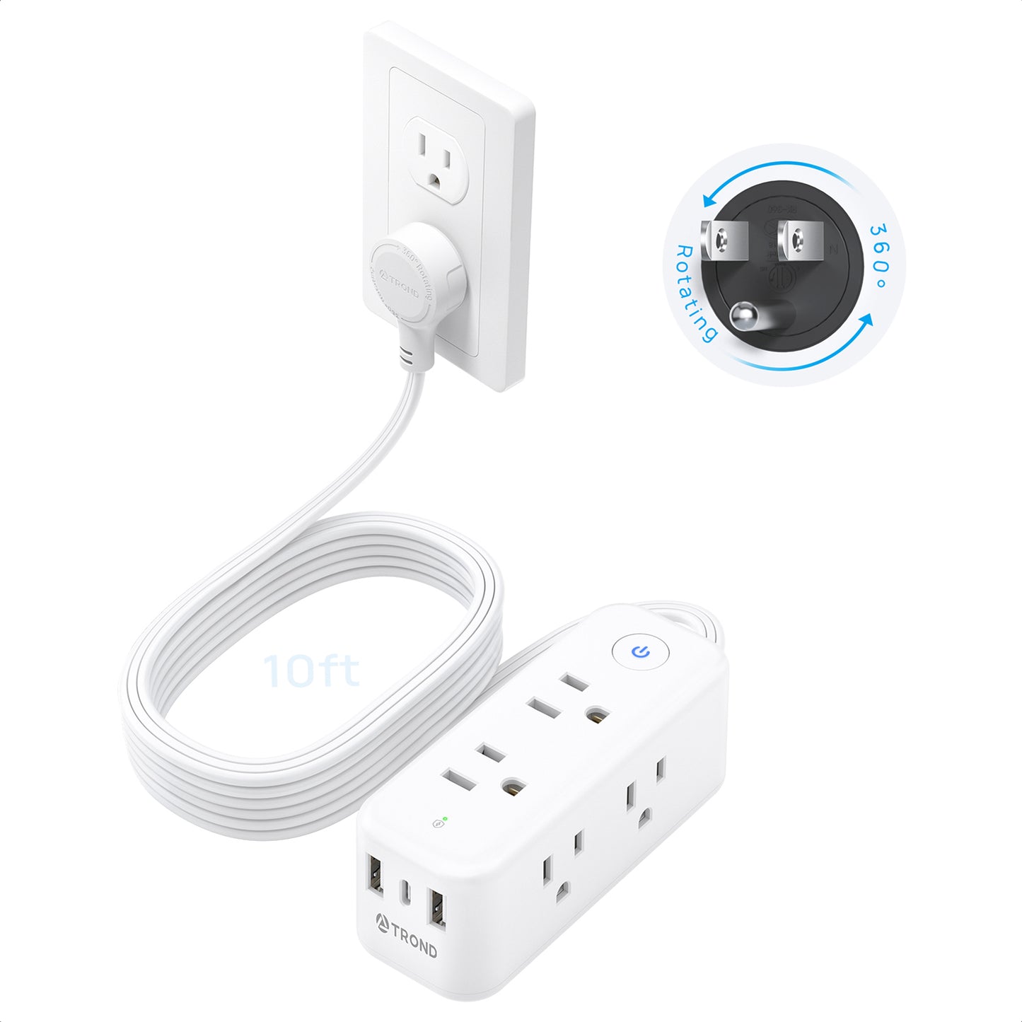 360° Rotating Flat Plug Power Strip, 6 Widely Spaced Outlets