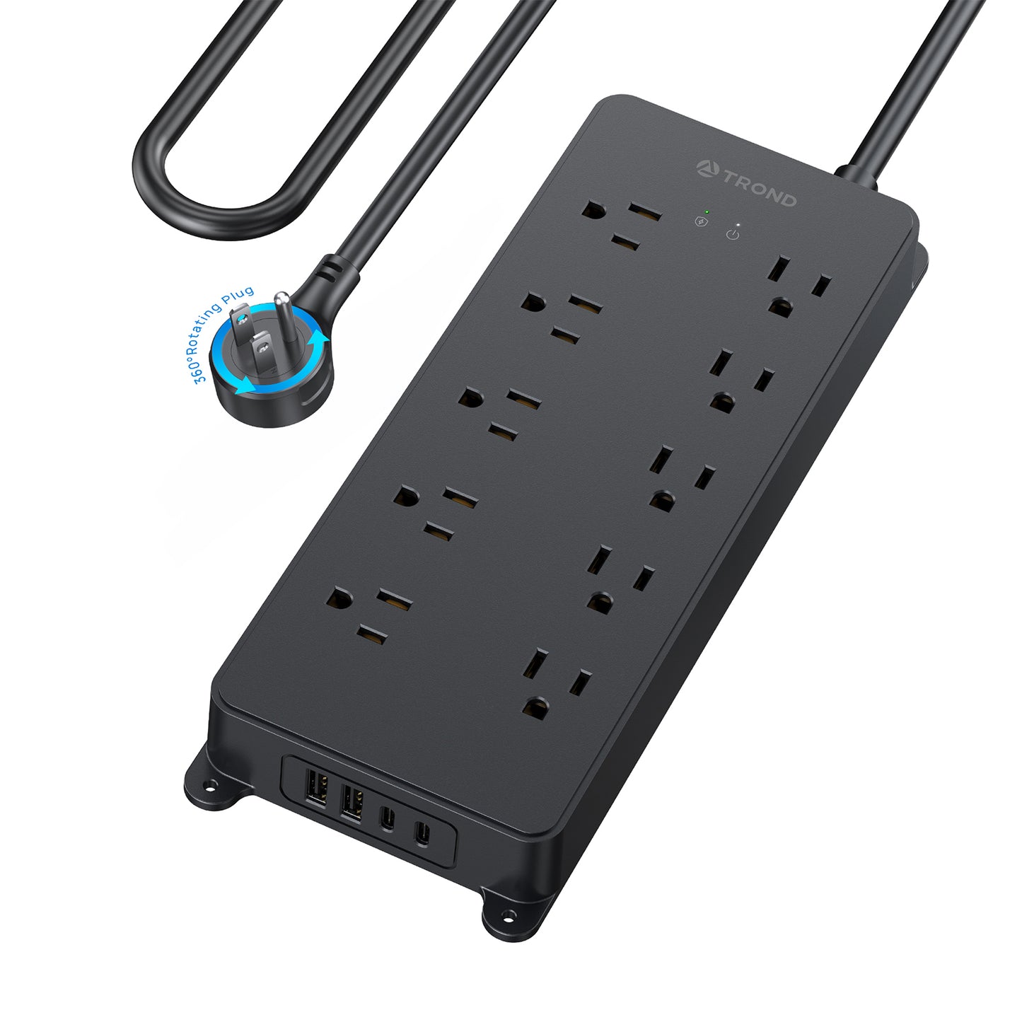 360° Rotating Flat Plug Power Strip, 10AC Outlets, 4000 Joules