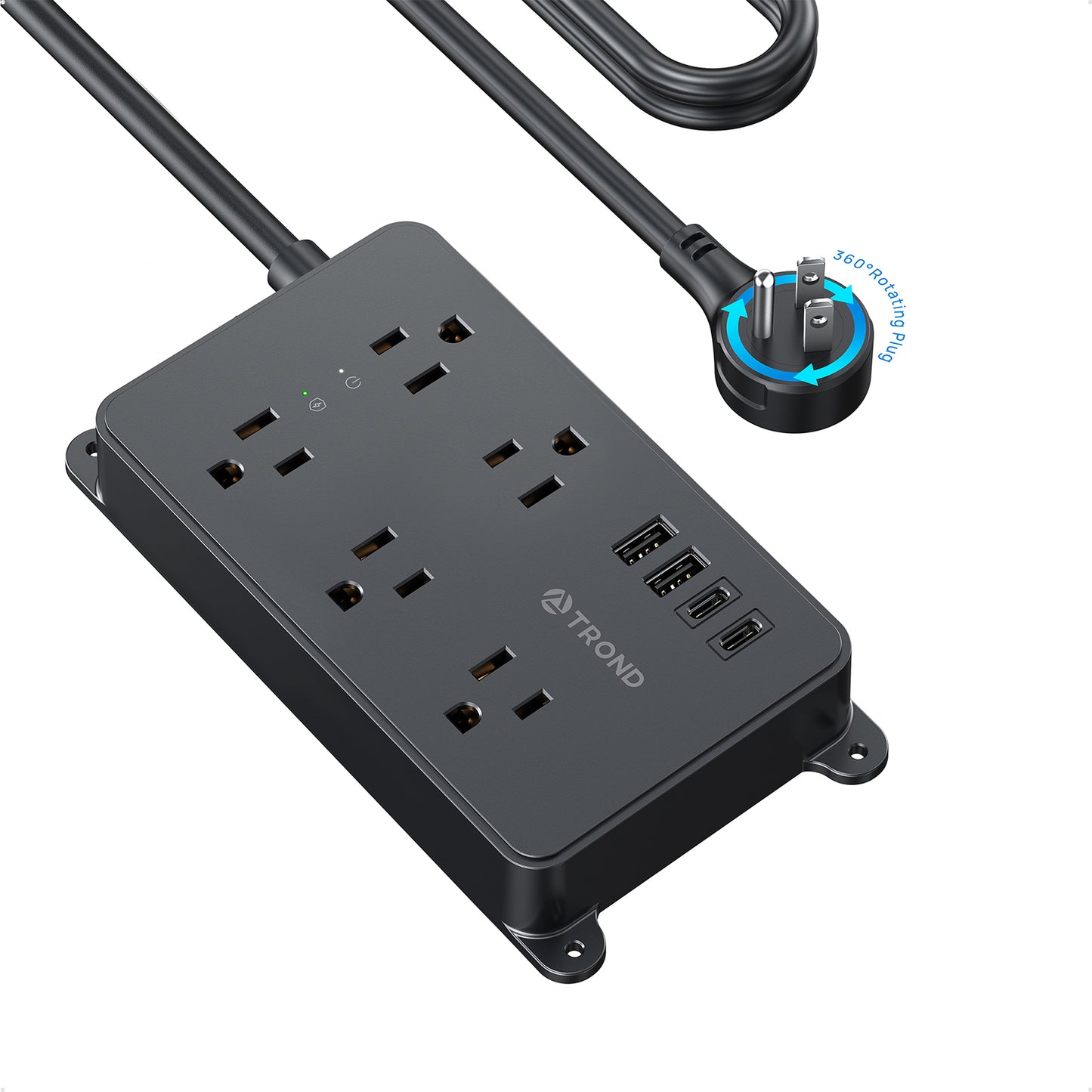 360° Rotating Flat Plug Power Strip, 5 Widely-Spaced Outlets with 2 USB A and 2 USB C