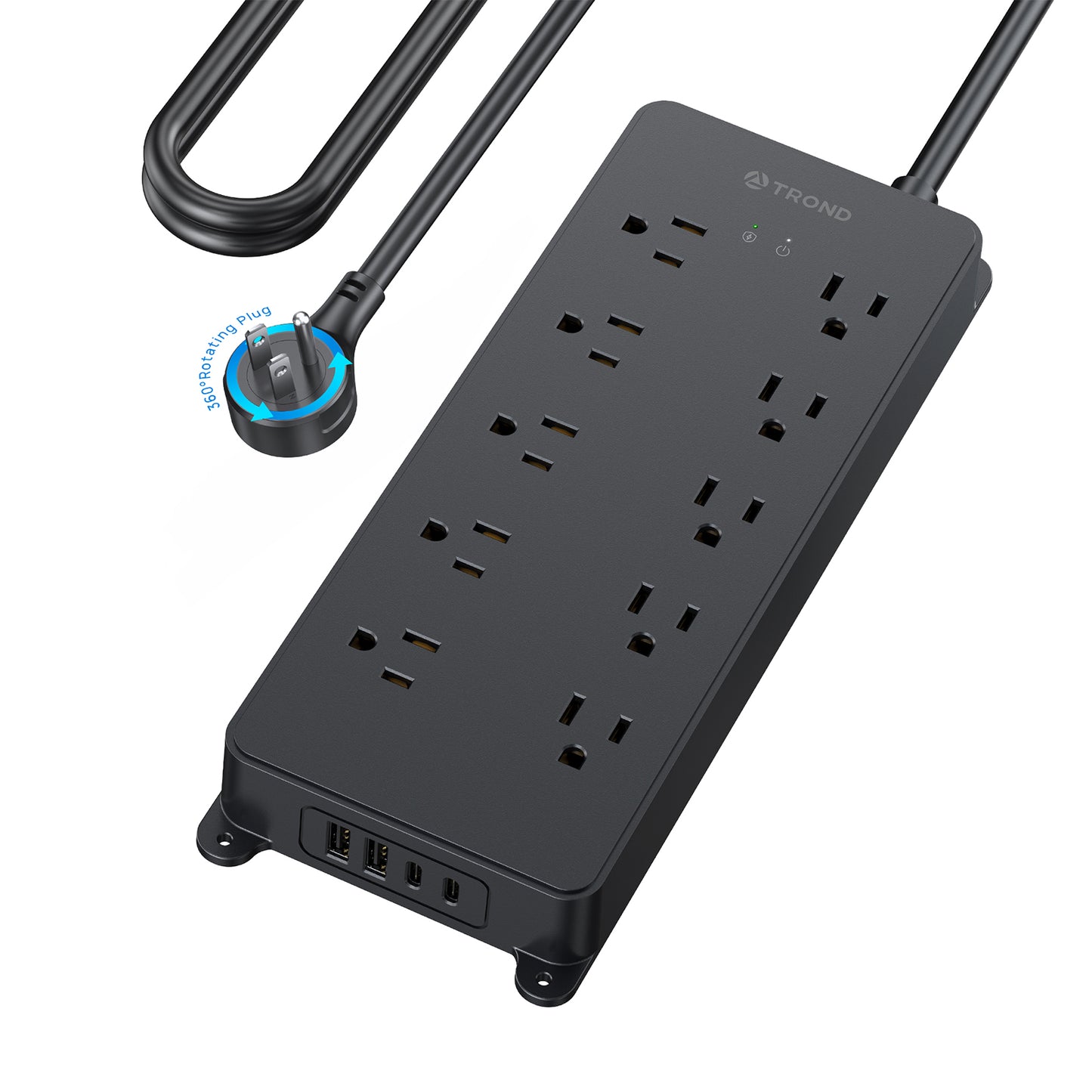 360° Rotating Flat Plug Power Strip, 10AC Outlets, 4000 Joules