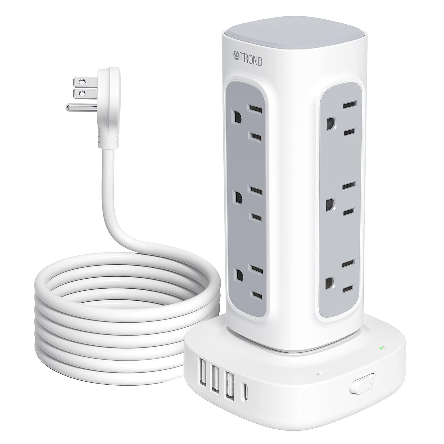 Power Strip Surge Protector Tower, Flat Plug Extension Cord with 12 Multiple Outlets