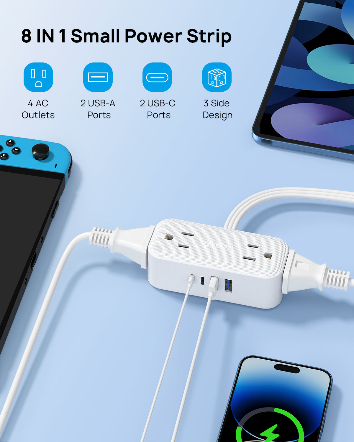 Travel Power Strip, TROND 5ft Flat Plug Extension Cord with Multiple Outlets