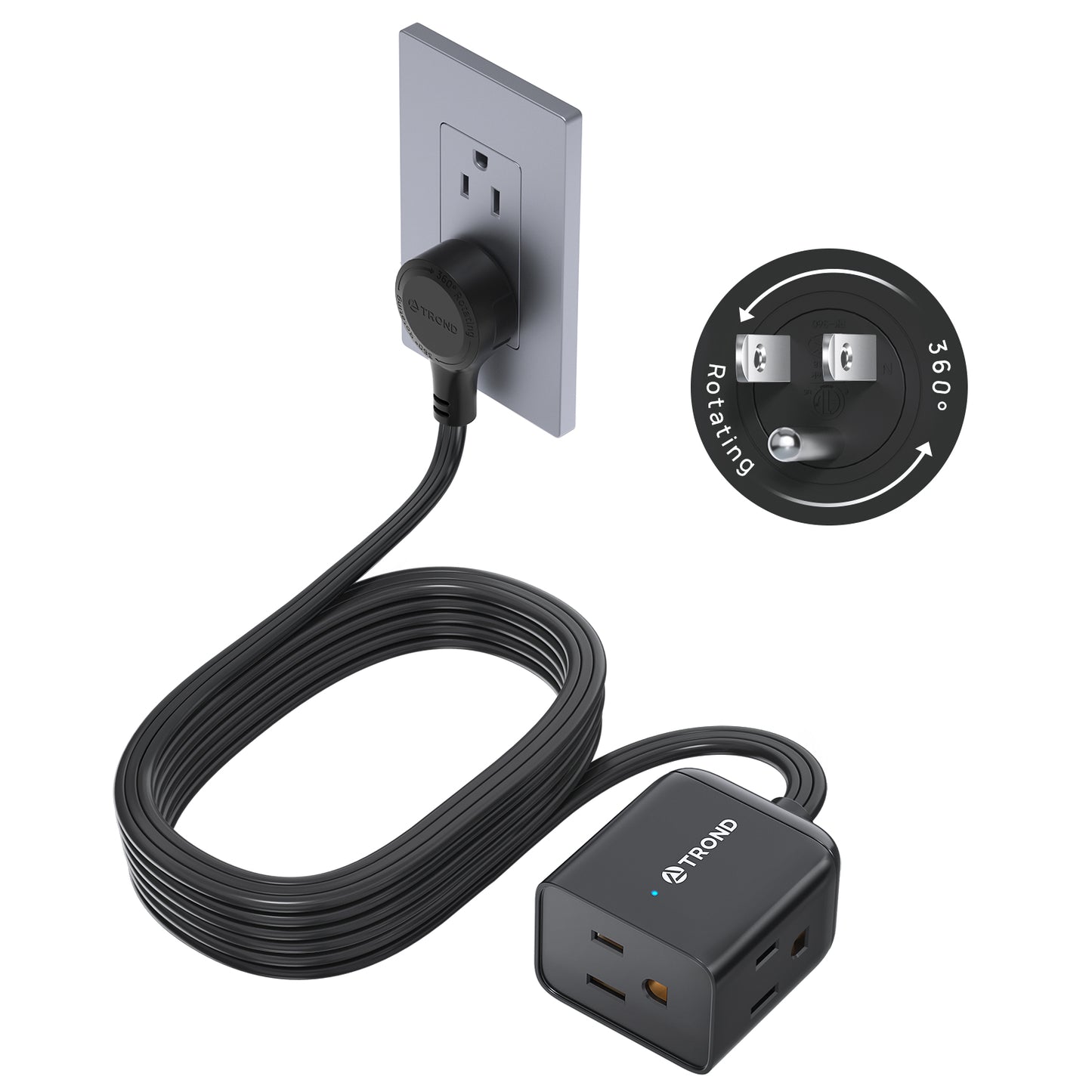 360° Rotating Flat Plug Extension Cord 1.5ft, Low Profile Small Power Strip