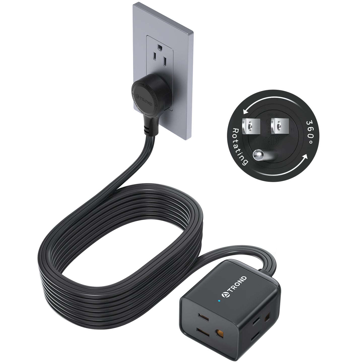 360° Rotating Flat Plug Extension Cord 1.5ft, Low Profile Small Power Strip