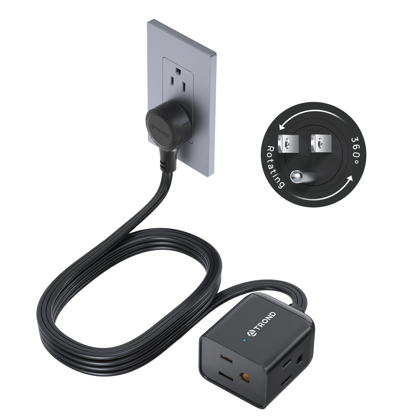 360° Rotating Flat Plug Extension Cord 1.5ft, Low Profile Small Power Strip