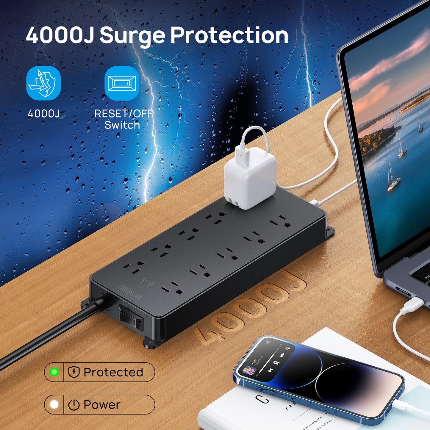 Power Strip Surge Protector, TROND 10 Widely Spaced Outlets with 4 USB Ports