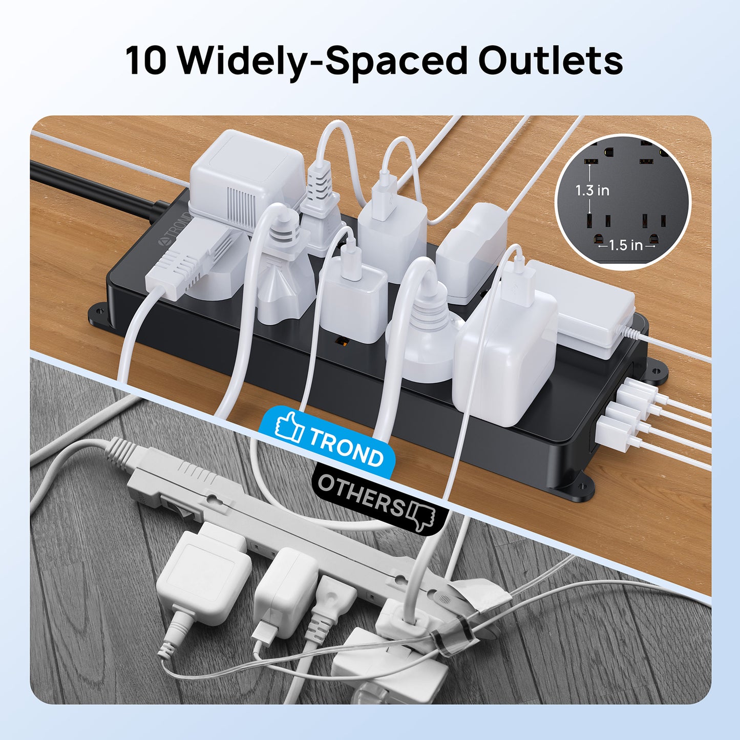 Power Strip Surge Protector, TROND 10 Widely Spaced Outlets with 4 USB Ports