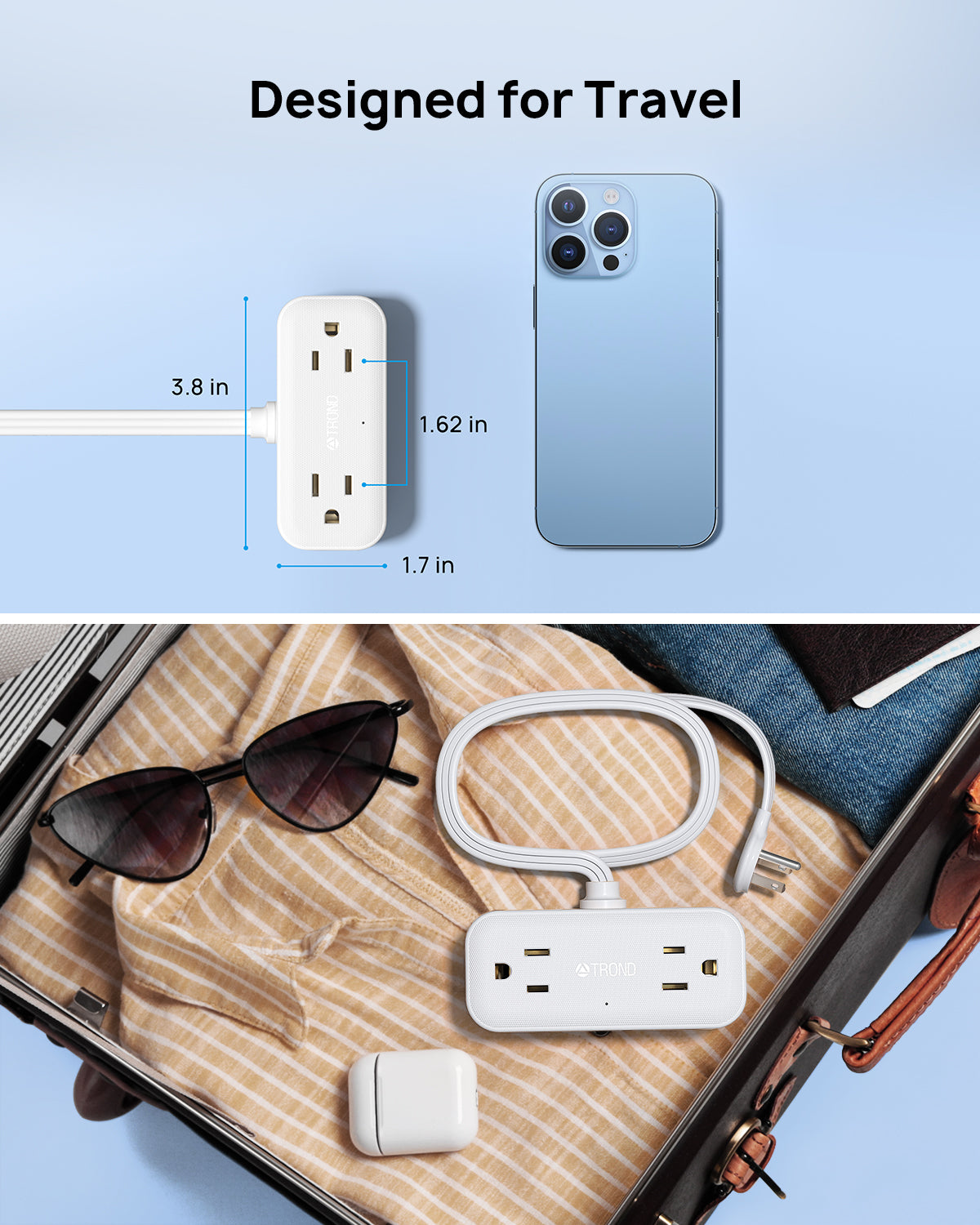 Travel Power Strip, TROND 5ft Flat Plug Extension Cord with Multiple Outlets