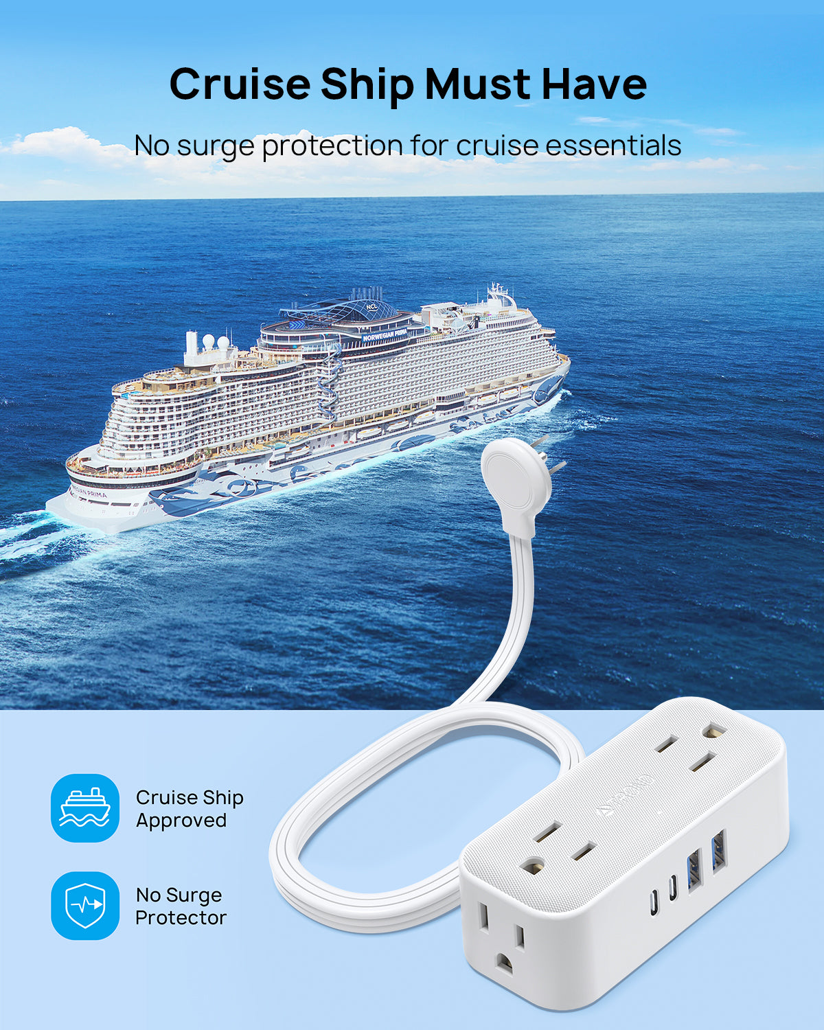 Travel Power Strip, TROND 5ft Flat Plug Extension Cord with Multiple Outlets