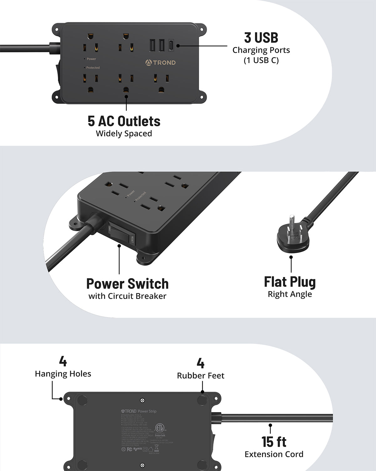5-Outlet Surge Protector w/ 3 USB Ports, 1300J Black