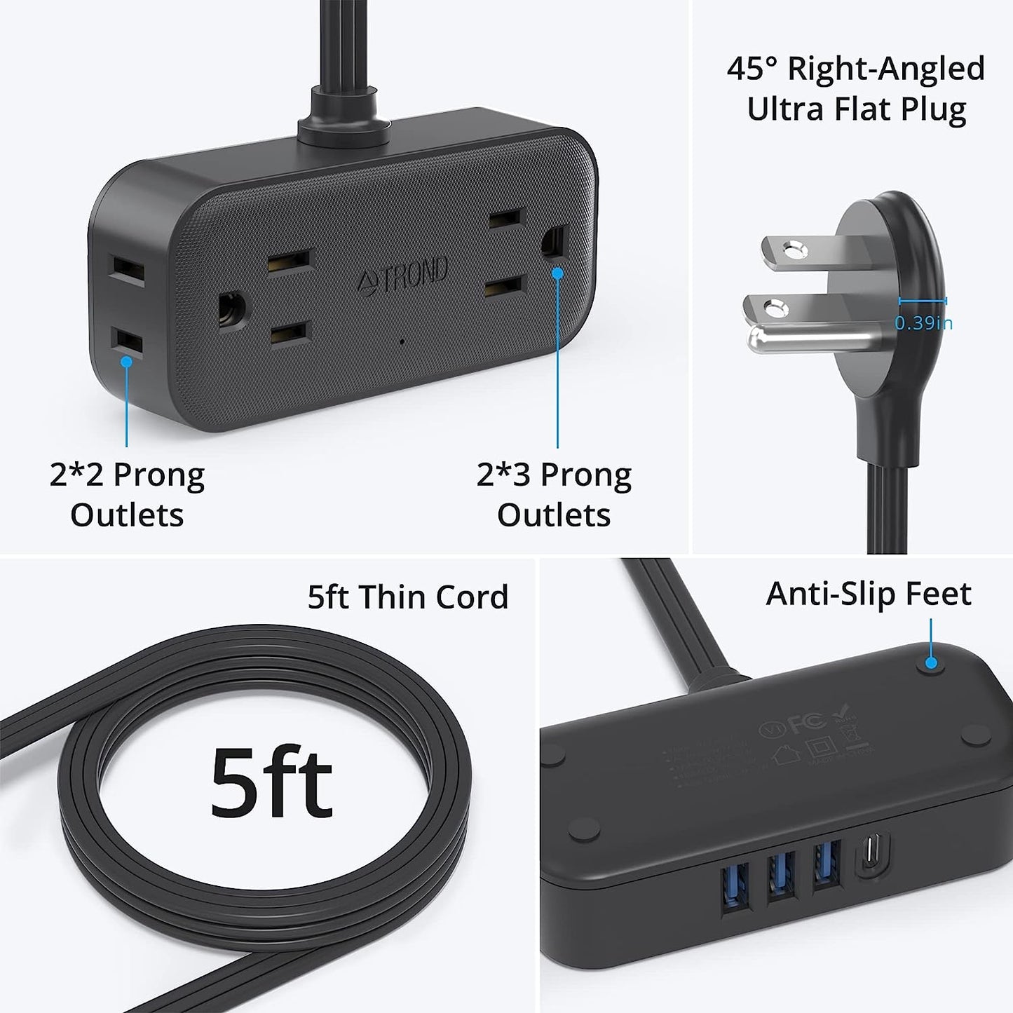 Flat Plug Extension Cord, Ultra Thin Power Strip