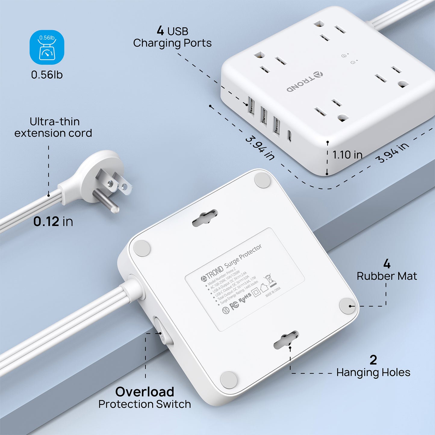 Flat Plug Power Strip USB Travel Surge Protector