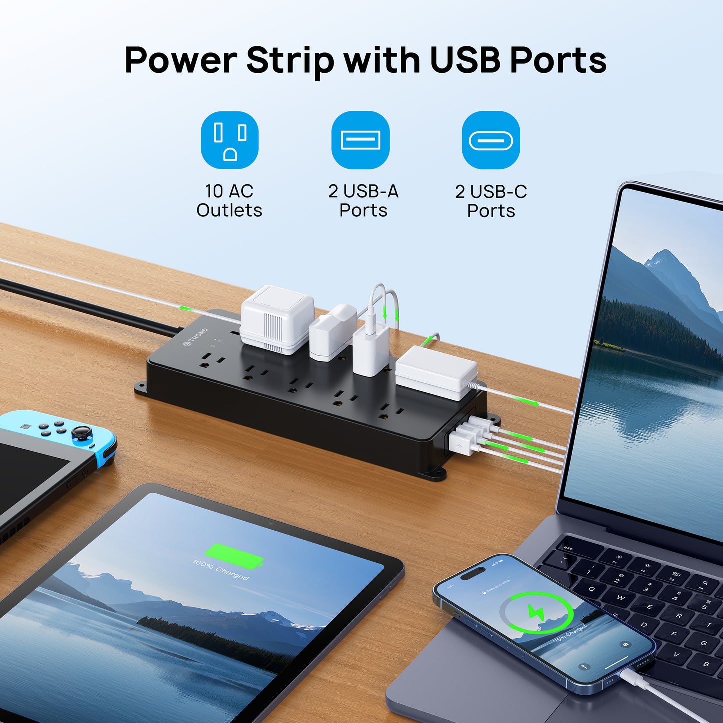 Power Strip Surge Protector, TROND 10 Widely Spaced Outlets with 4 USB Ports