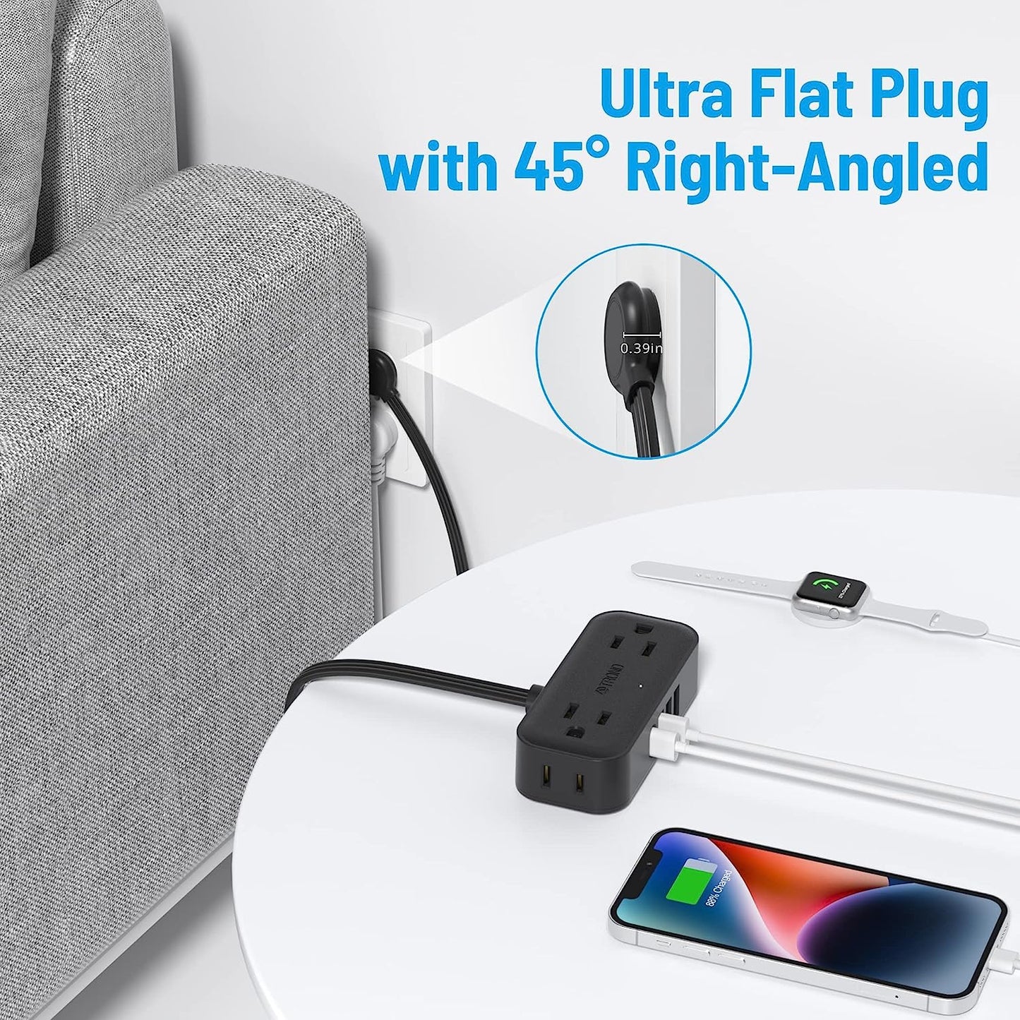 Flat Plug Extension Cord, Ultra Thin Power Strip
