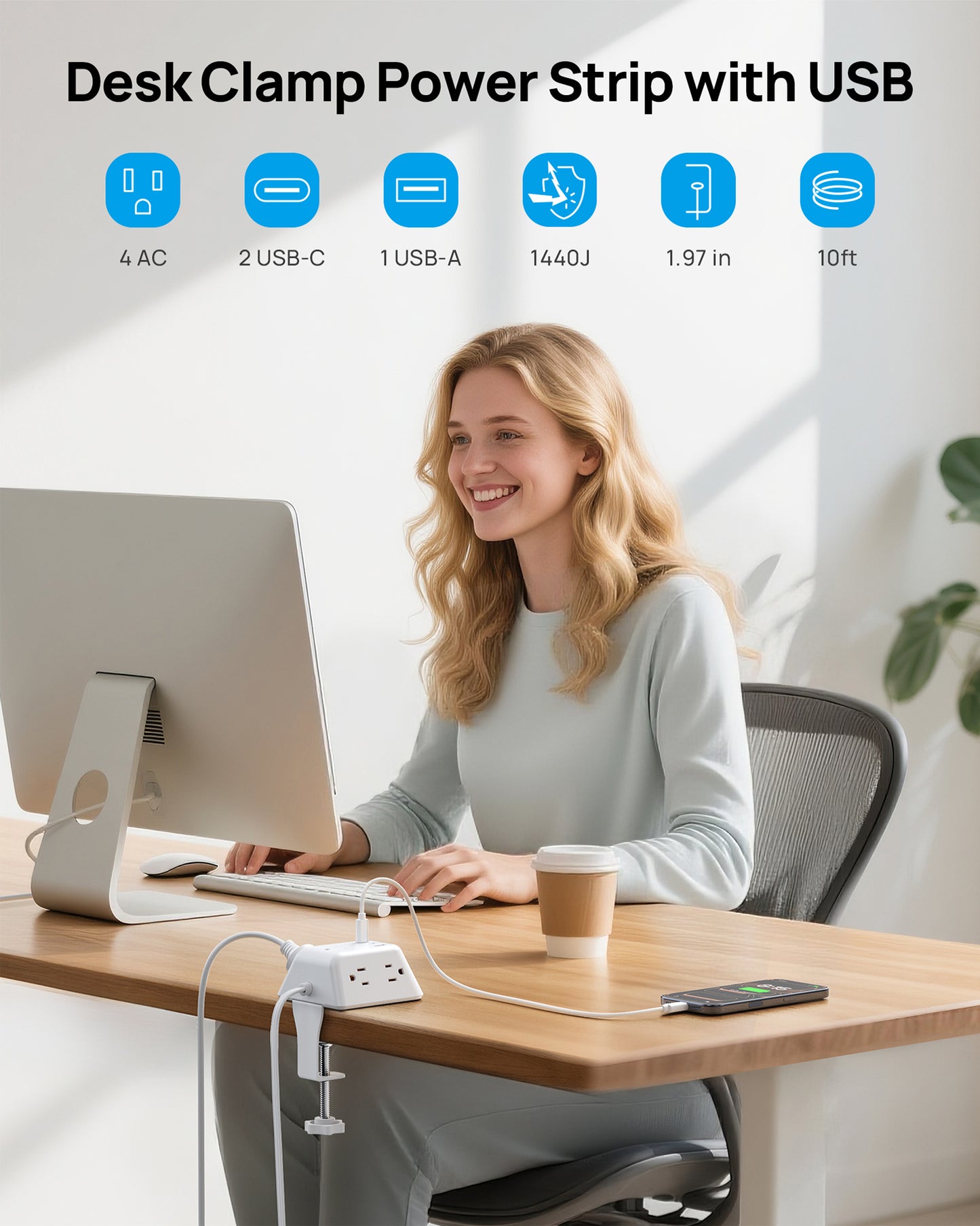 Desk Clamp Power Strip with USB C PD 20W, Desktop Charging Station with 5 AC Outlets, White