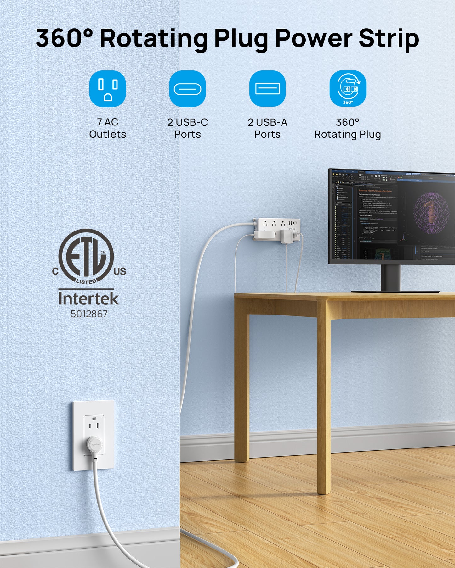 Surge Protector Power Strip with 360° Rotating Plug, 7 Widely-Spaced Outlets