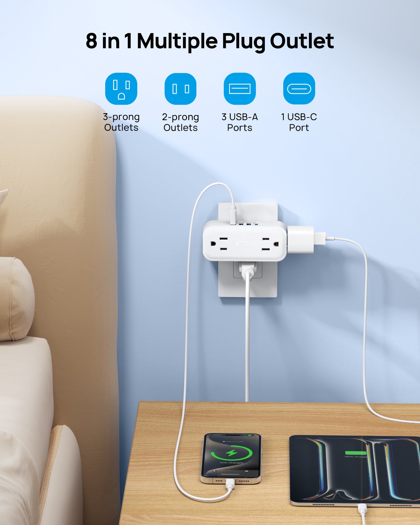 TROND Outlet Extender, Multi Plug Outlet with 4 Electrical Outlets 4 USB Ports