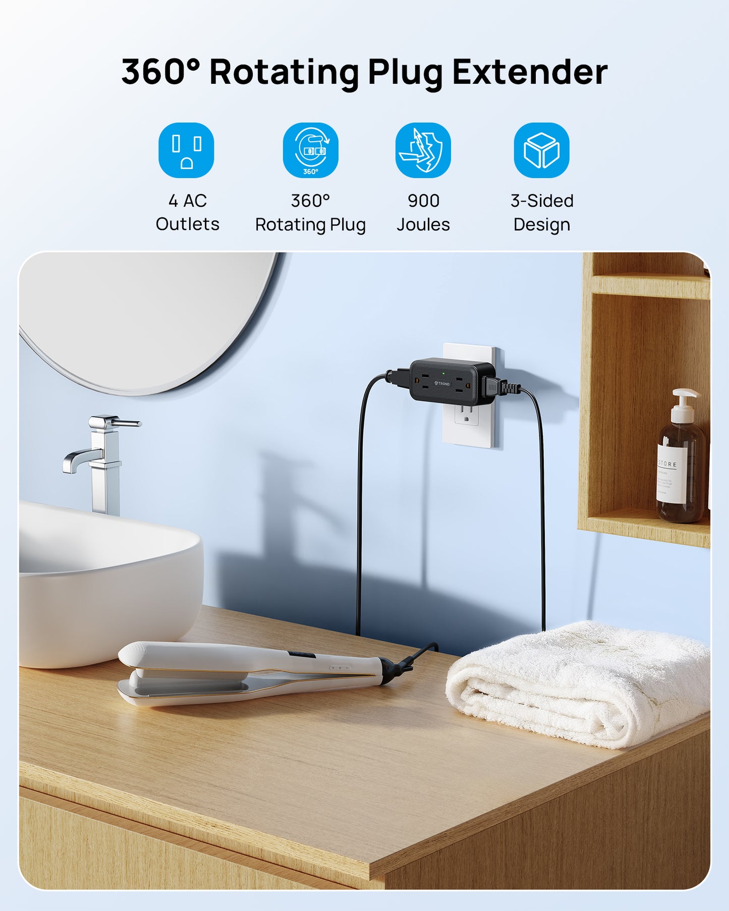 360° Rotating Outlet Adapter, Surge Protector Outlet Extender