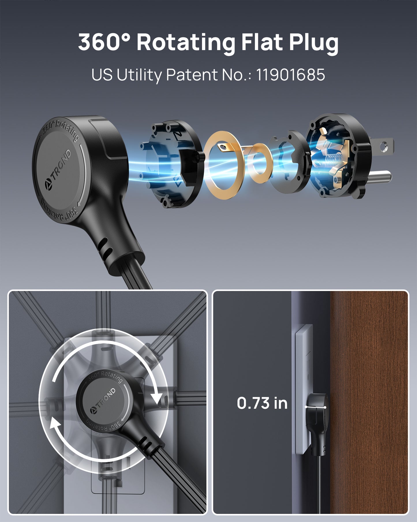 360° Rotating Flat Plug Power Strip