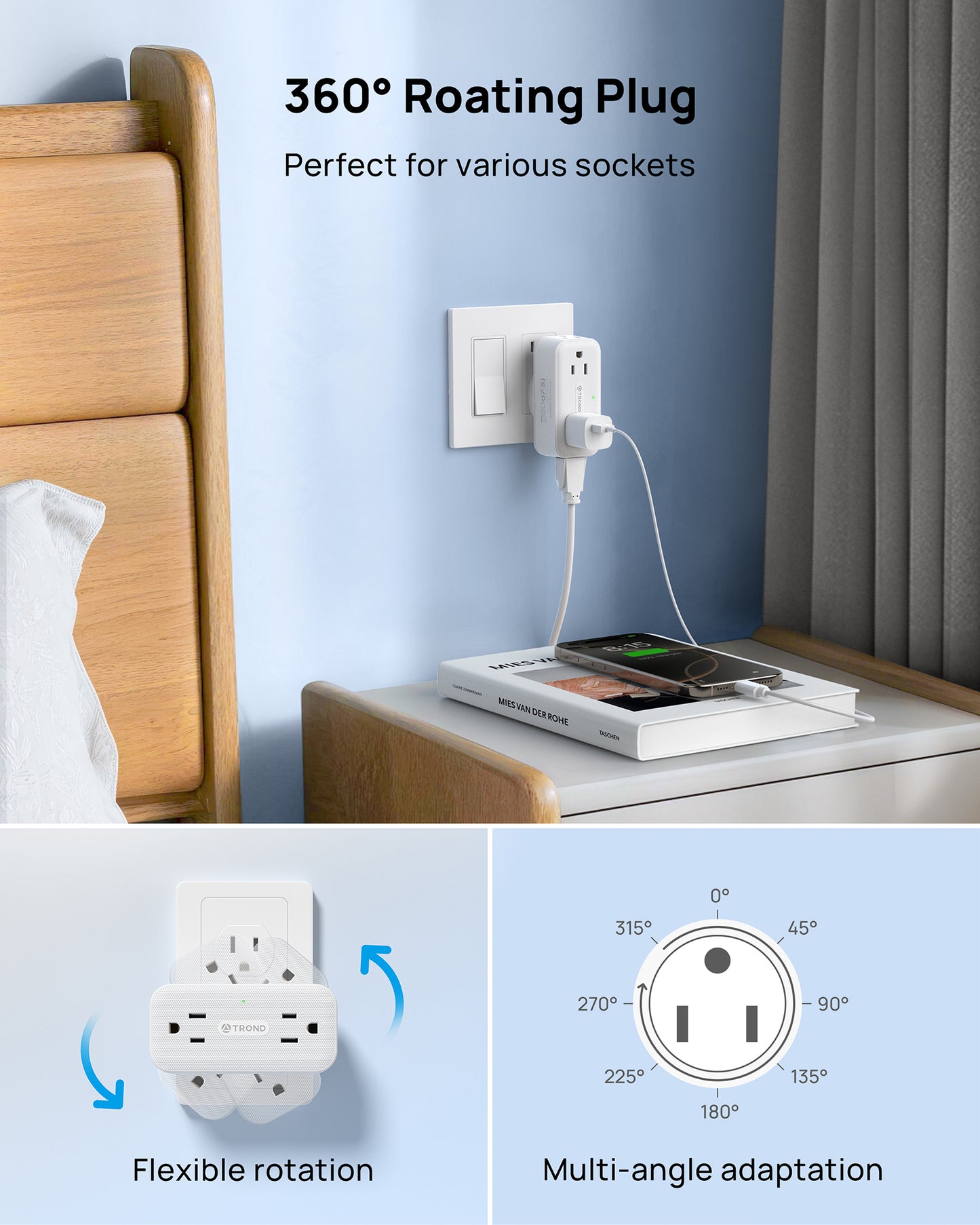Wall Outlet Extender 2 Pack, Multi Plug Wall Outlet with 360 Rotating Plug