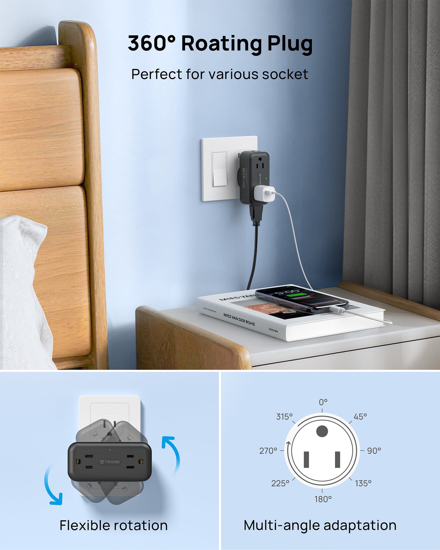 360° Rotating Outlet Adapter, Surge Protector Outlet Extender