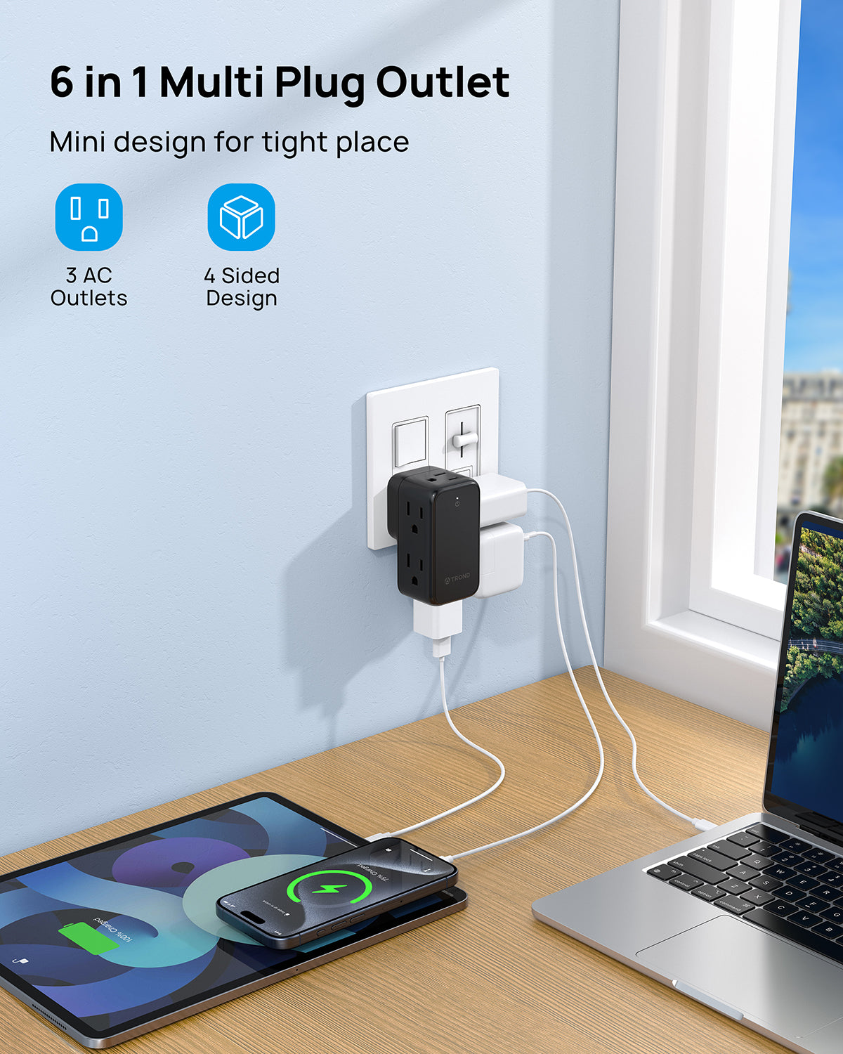 Outlet Extender with Rotating Plug, 6 AC Outlet Splitter