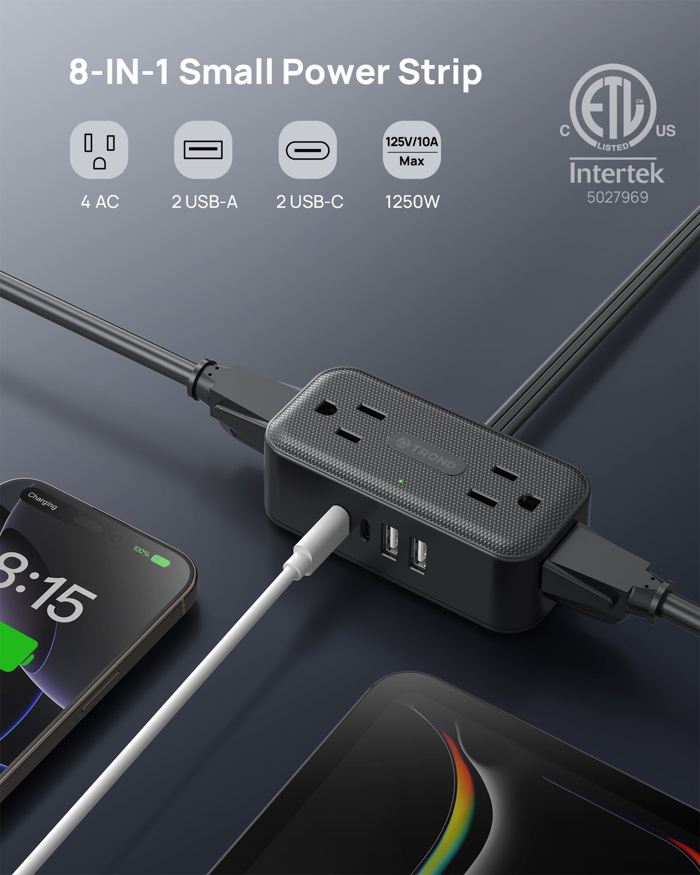 360° Rotating Flat Plug Power Strip