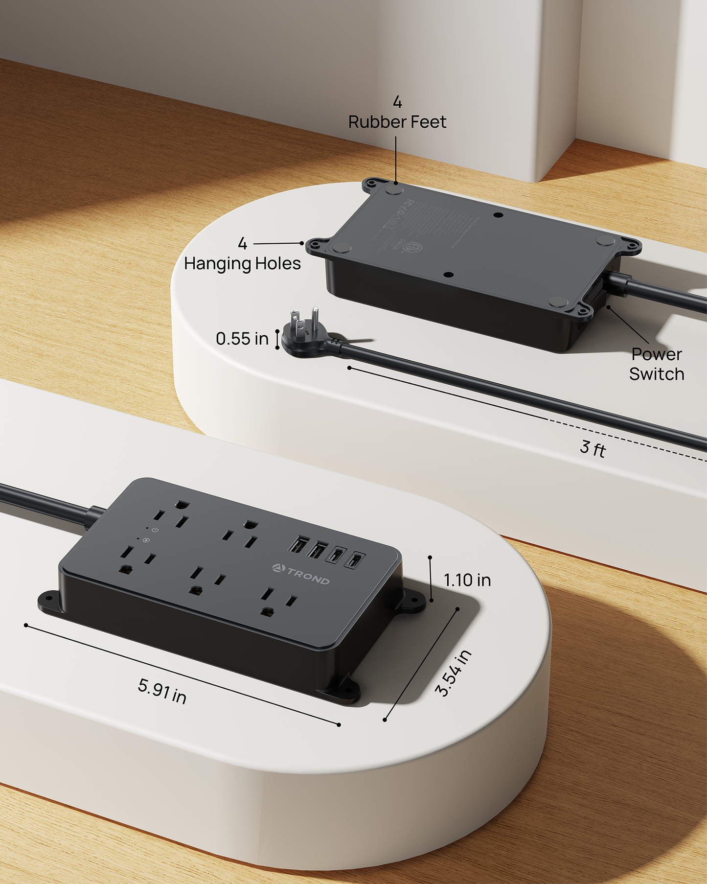 TROND Power Strip Surge Protector 3ft | 5 Widely-Spaced Outlets with 2 USB A and 2 USB C