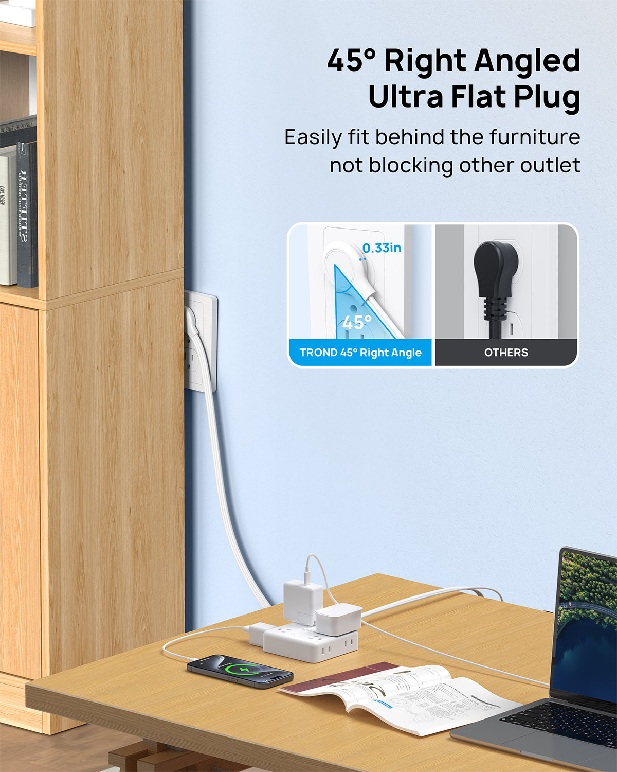 Power Strip Surge Protector, Flat Plug Extension Cord 1625W, 8 Widely-Spaced Outlets