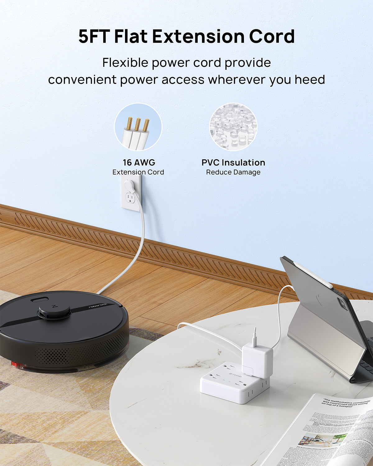 Power Strip Surge Protector, Flat Plug Extension Cord 1625W, 8 Widely-Spaced Outlets