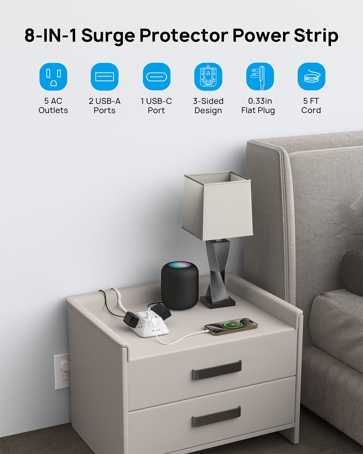 Surge Protector Power Strip - 5 Widely Spaced AC Outlets