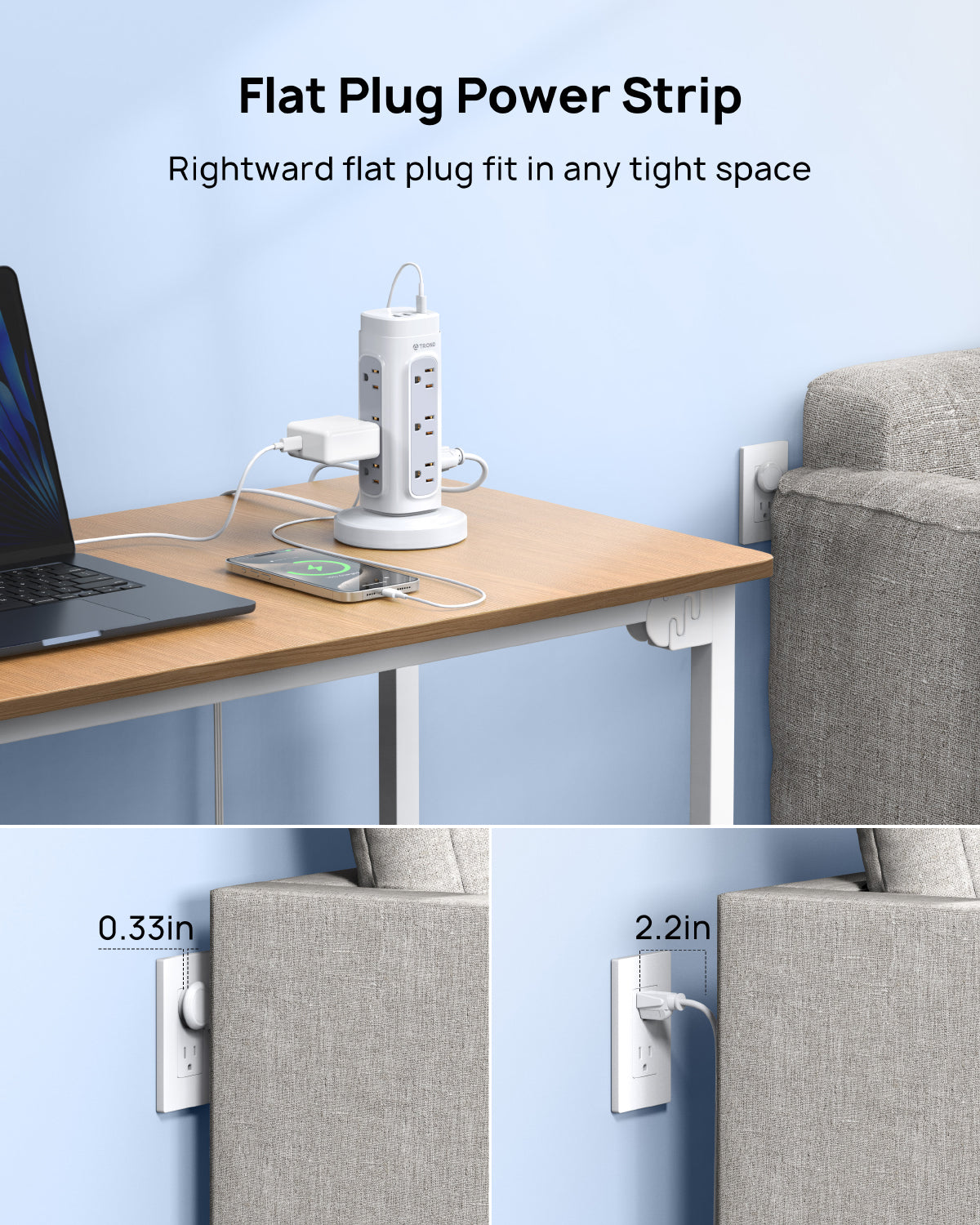 Flat Plug Power StripTower, Surge Protector Power Strip with USB C PD 20W