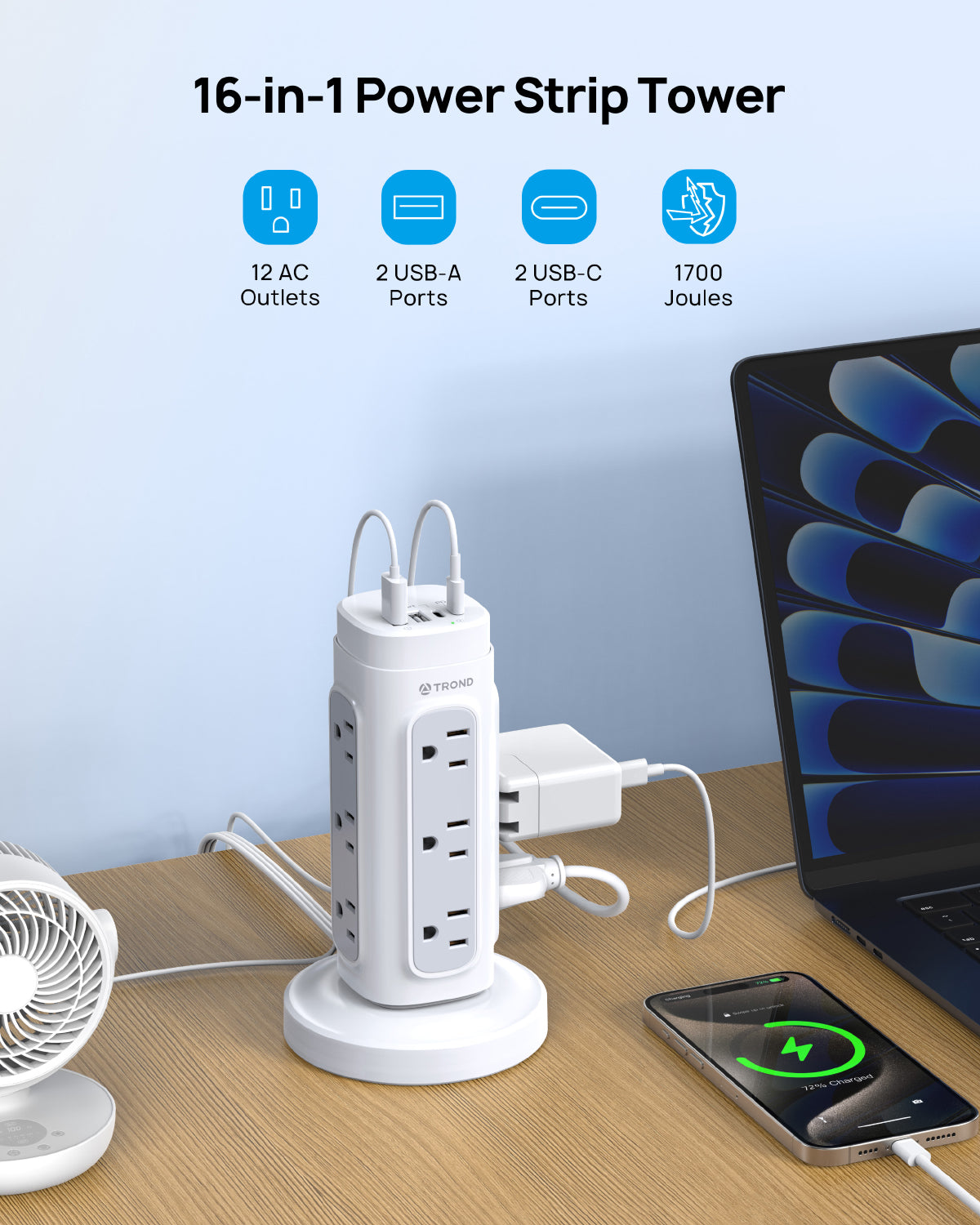 Flat Plug Power StripTower, Surge Protector Power Strip with USB C PD 20W