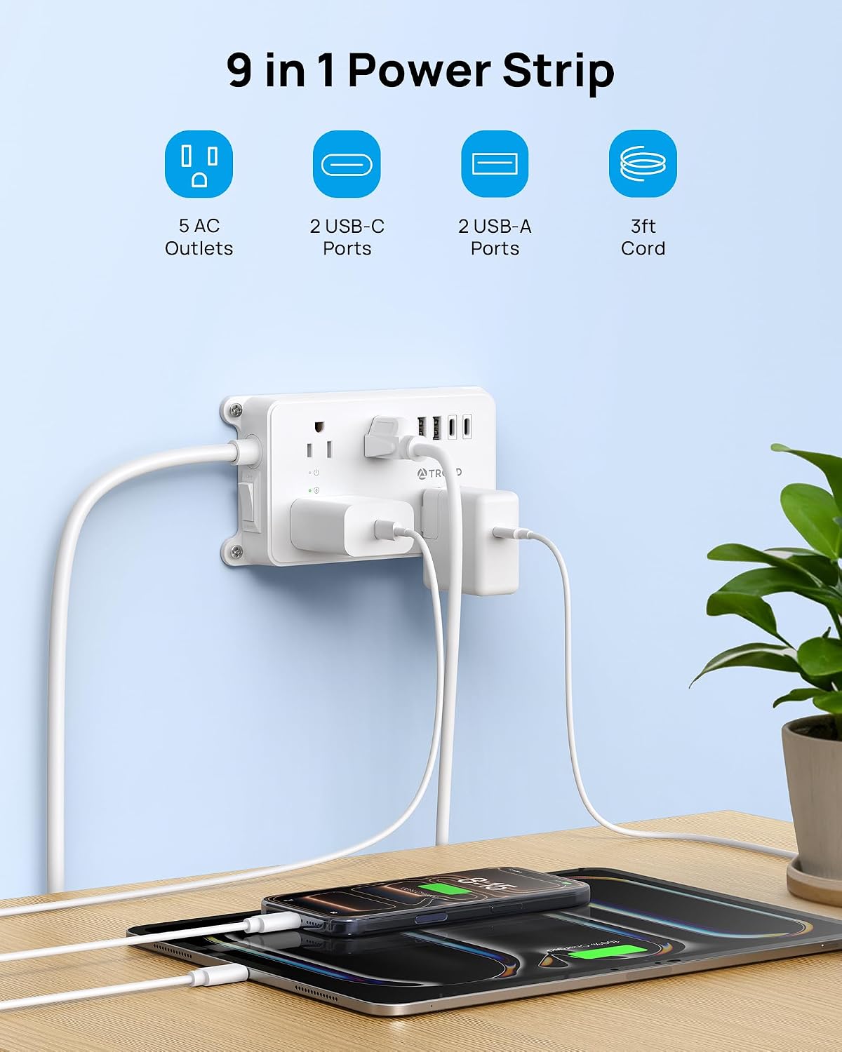 TROND 360° Rotating Flat Plug Power Strip, 3ft Extension Cord