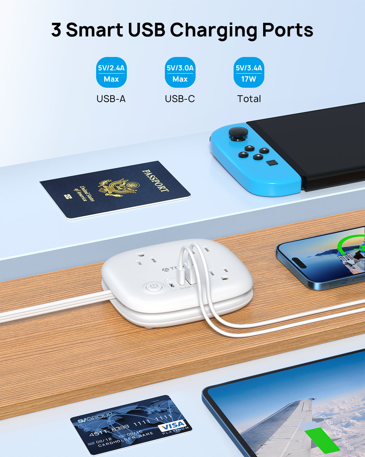 Travel Power Strip with USB C, Flat Plug Extension Cord with 3 Outlets 3 USB (2 USB C)