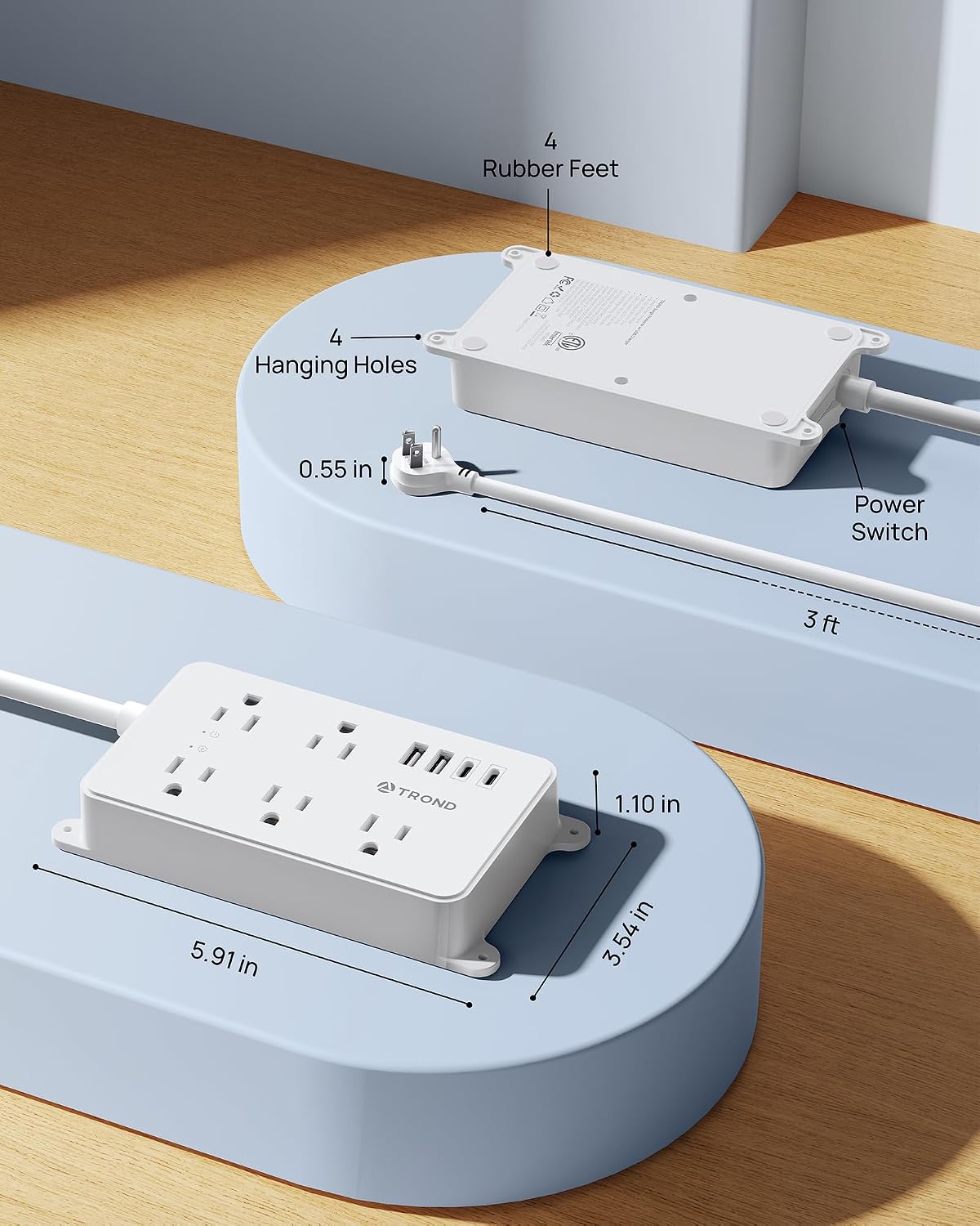 TROND Power Strip Surge Protector 3ft, Wall Mountable