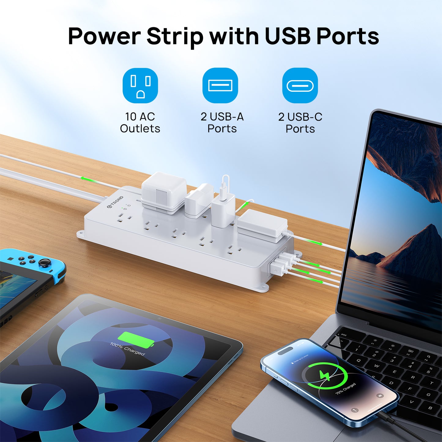 Surge Protector Power Strip, 10 Widely Spaced Outlets