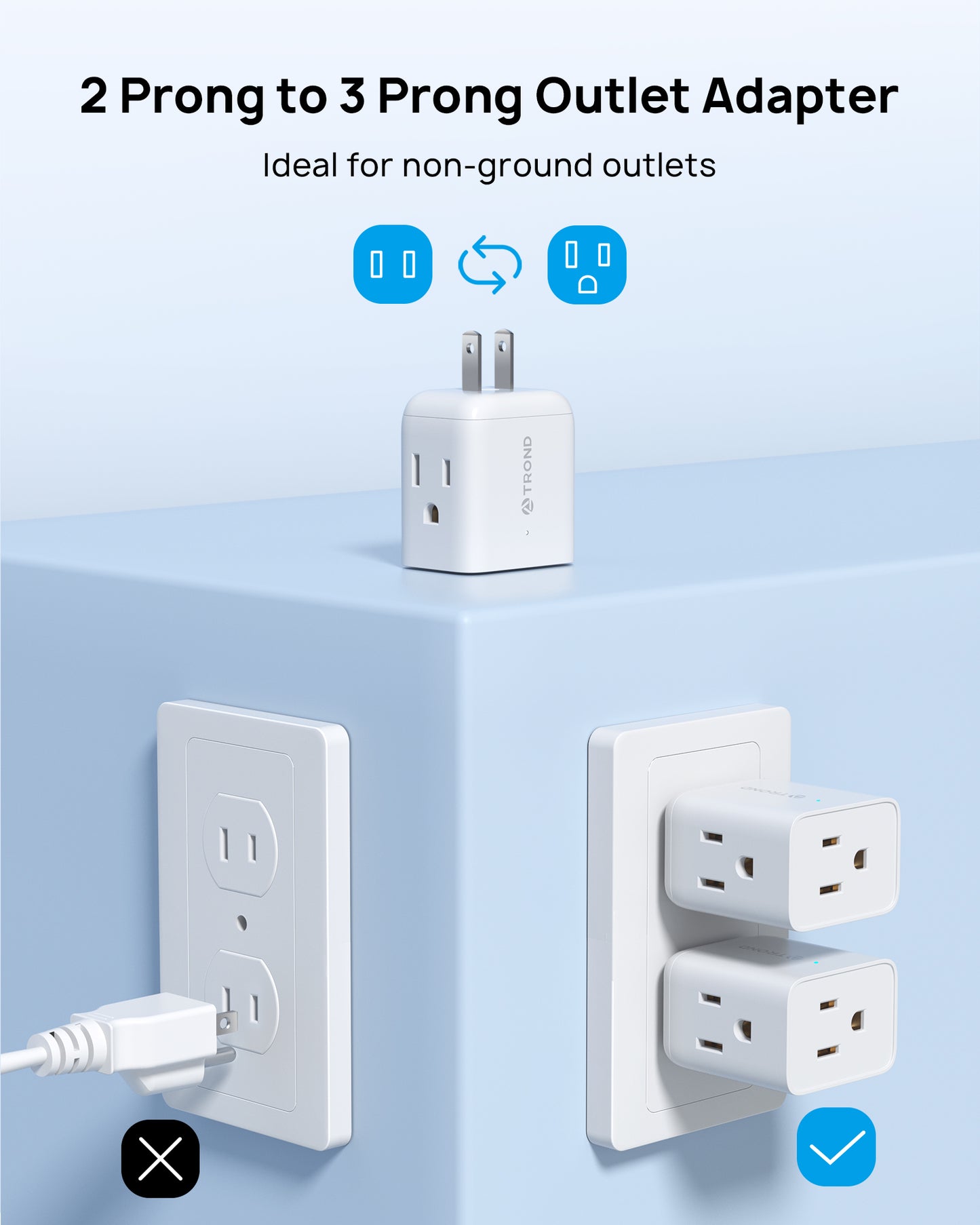 2 Prong to 3 Prong Outlet Adapter, 2 Prong Multi Plug Wall Outlet Extender