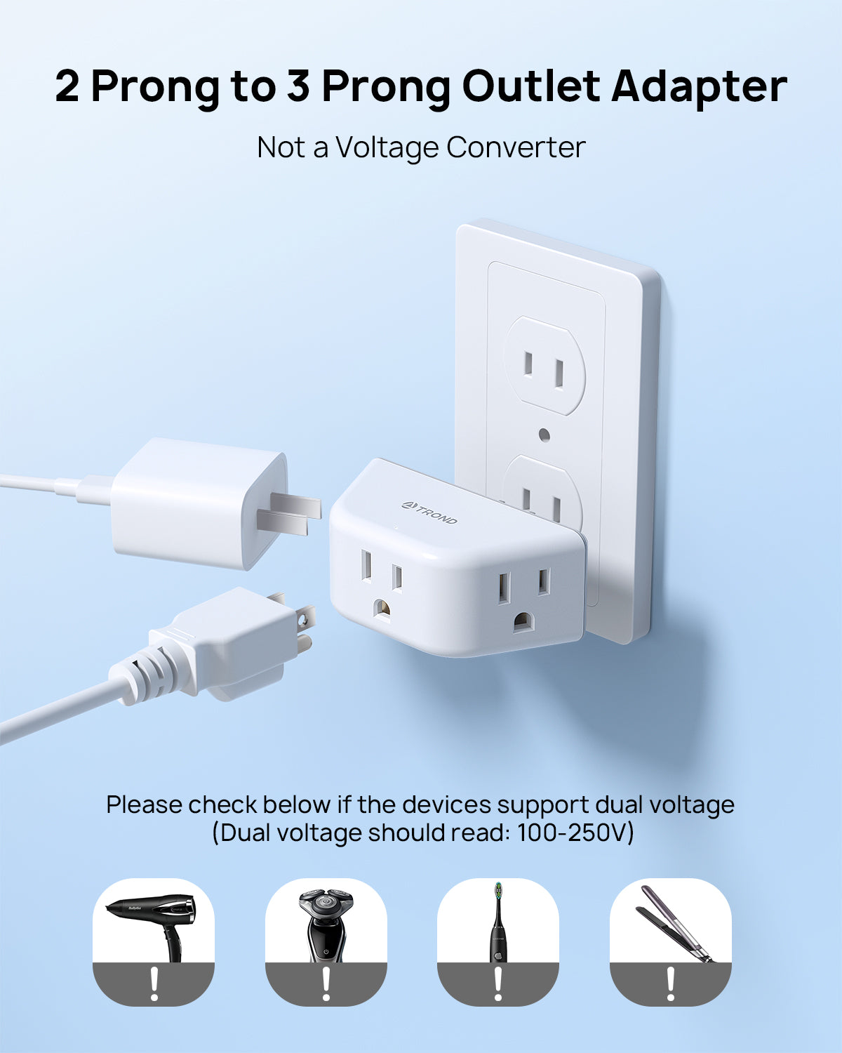 2 Prong to 3 Prong Outlet Adapter 2 Pack - Outlet Extender with 3 AC Outlets