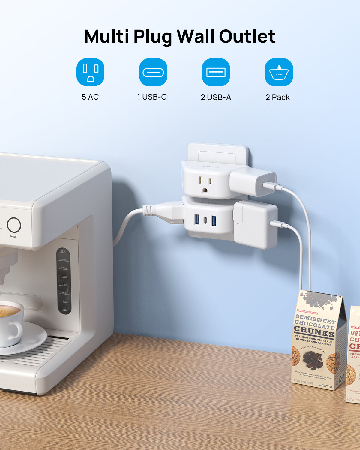 Multi Plug Outlet Extender with USB - 2 Pack Multiple Outlet Splitter