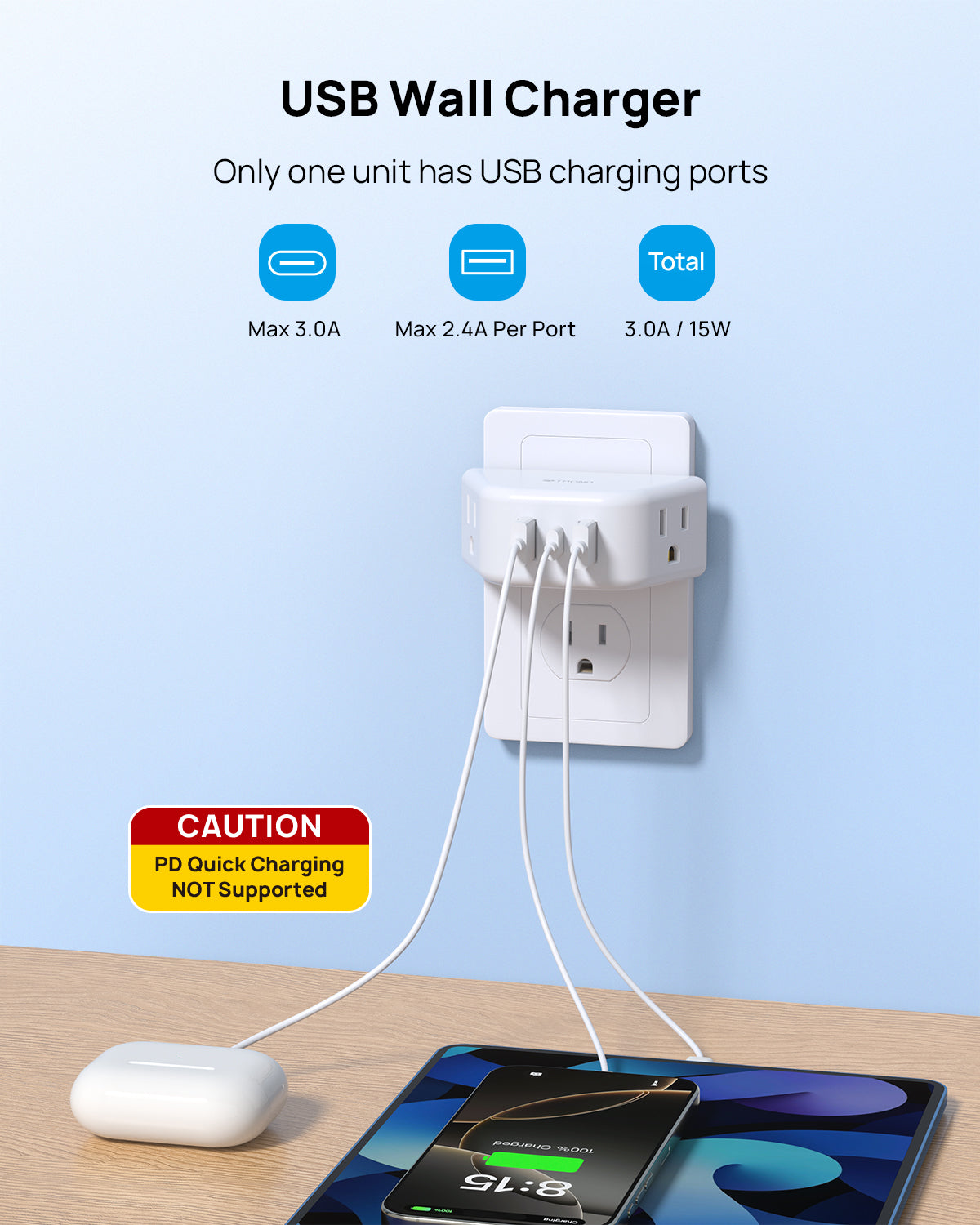 Multi Plug Outlet Extender with USB - 2 Pack Multiple Outlet Splitter