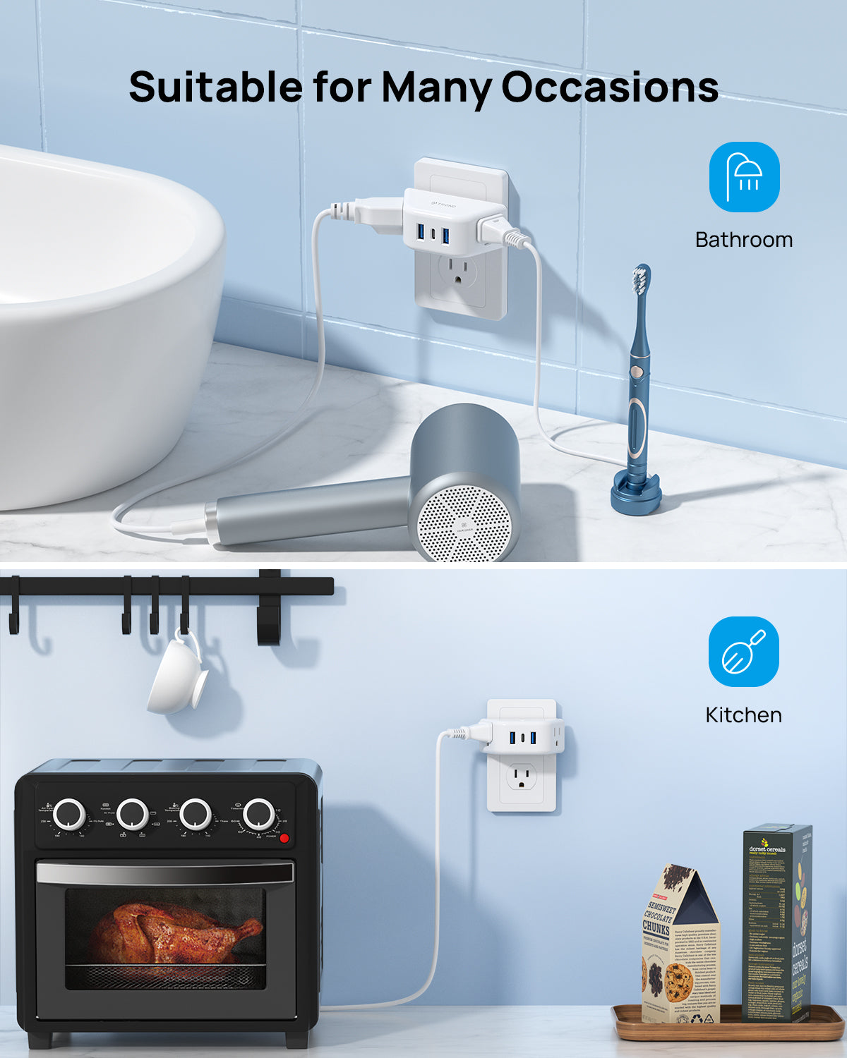Outlet Extender with USB, Multi Plug Outlet with 2 AC Outlets
