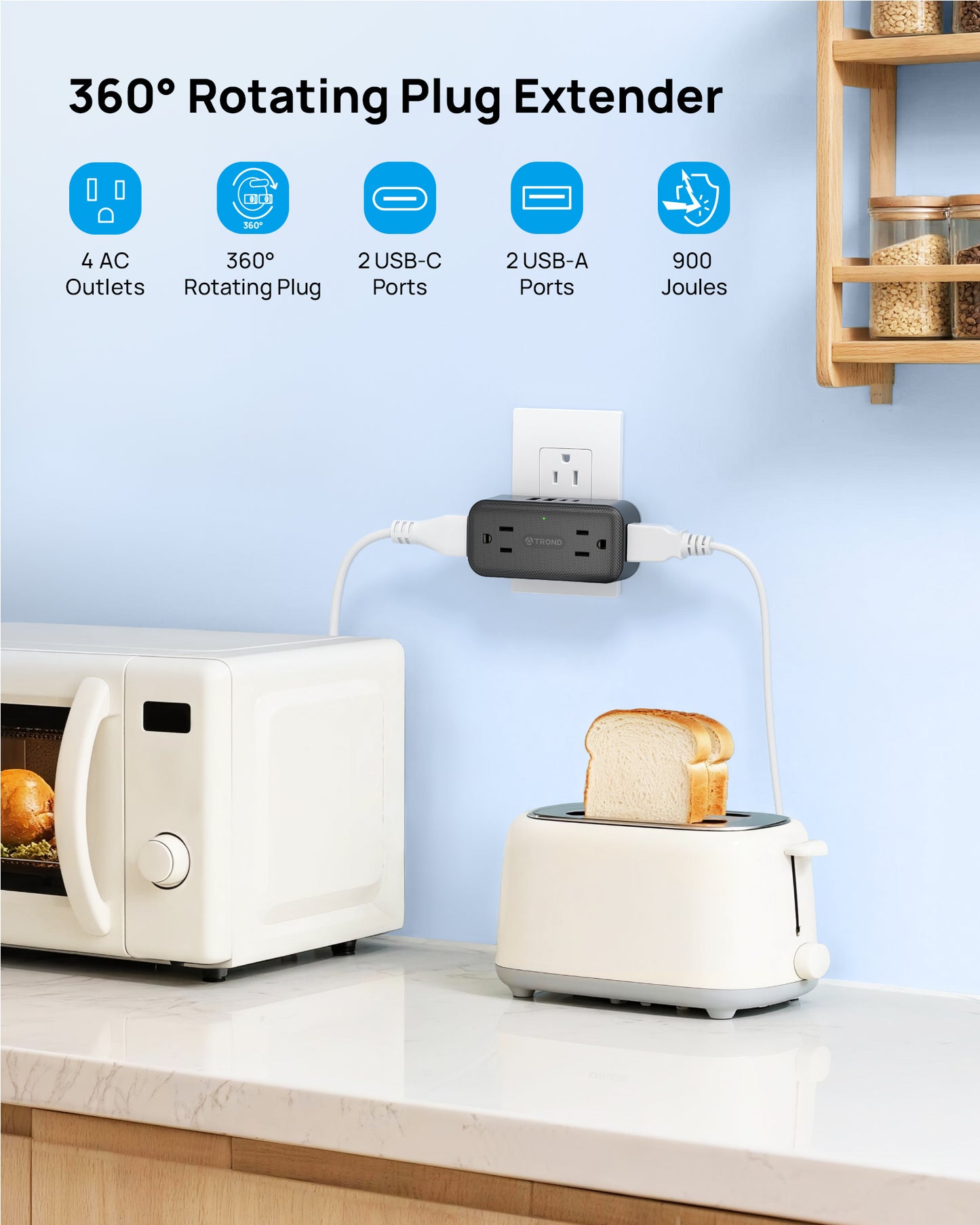 Wall Outlet Extender with 360 Rotating Plug, Multi Plug Wall Outlet