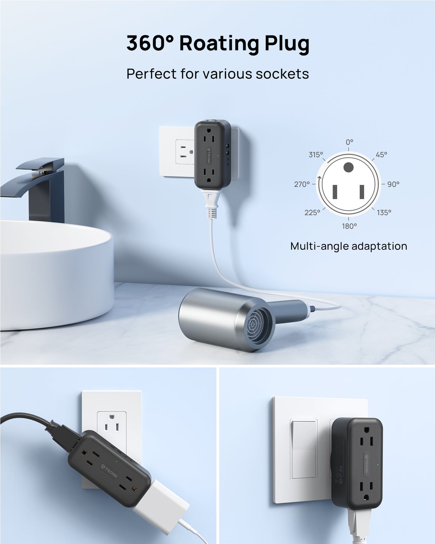 Wall Outlet Extender with 360 Rotating Plug, Multi Plug Wall Outlet