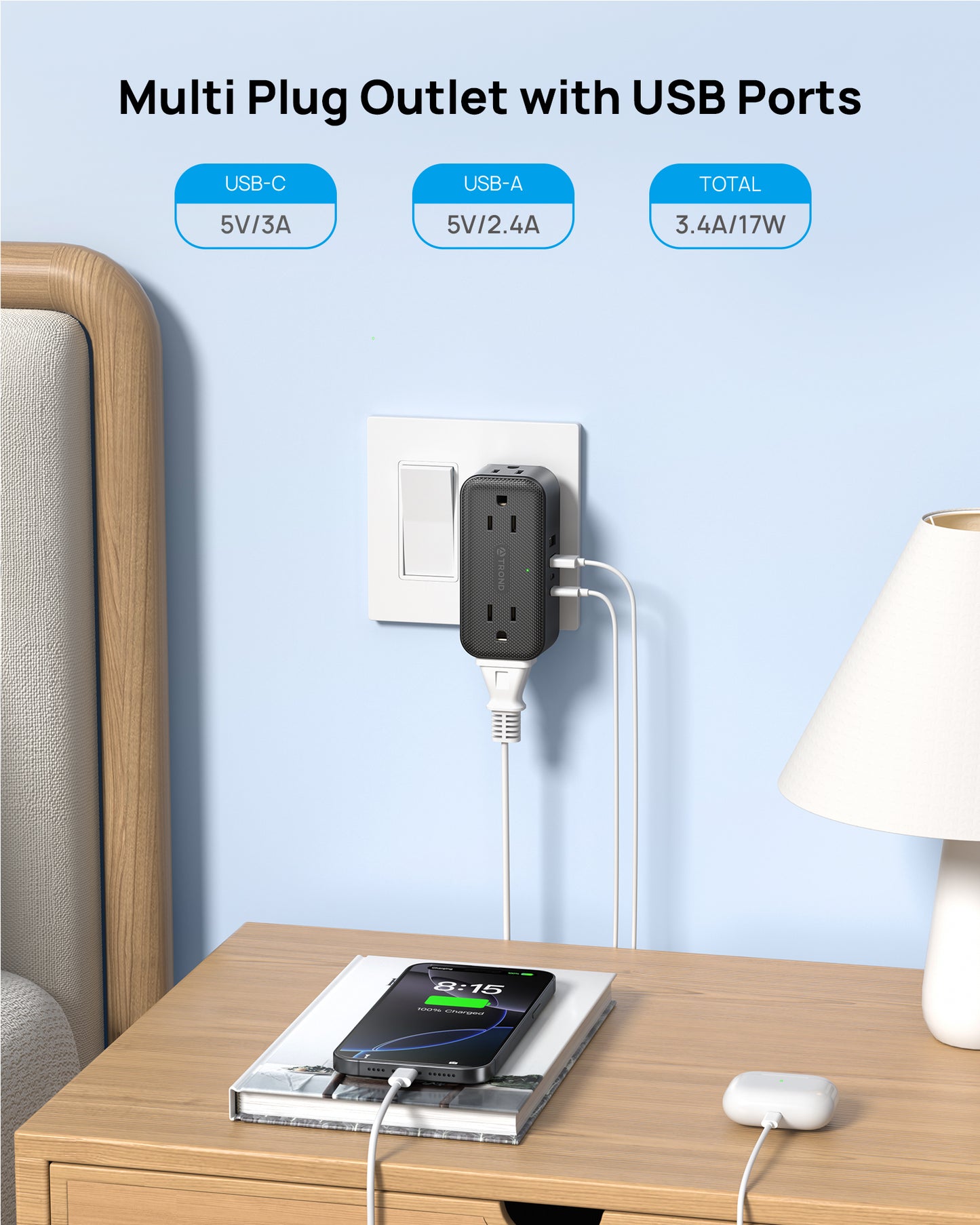 Wall Outlet Extender with 360 Rotating Plug, Multi Plug Wall Outlet