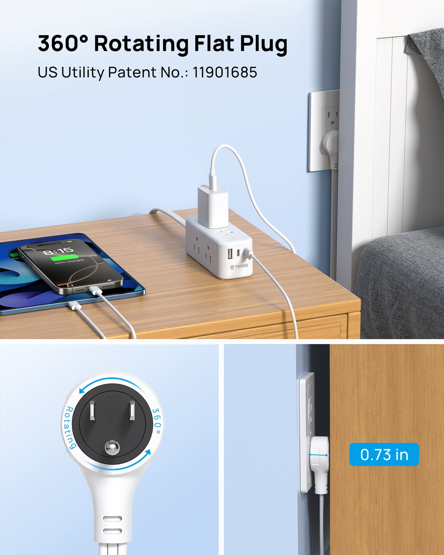 360° Rotating Flat Plug Power Strip, 6 Widely Spaced Outlets with 2 USB-C Ports