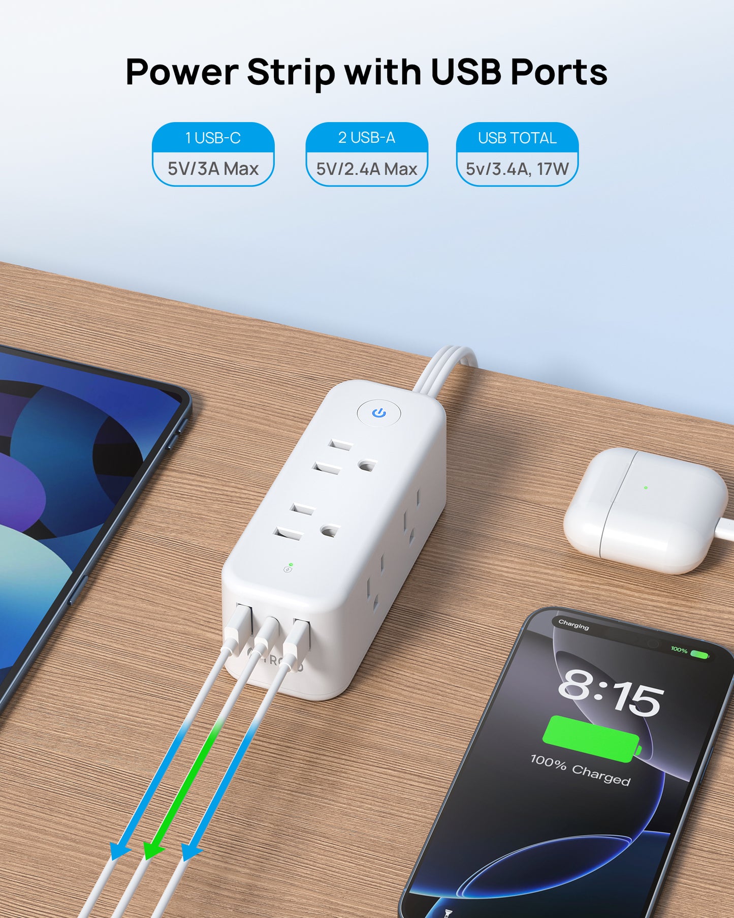 360° Rotating Flat Plug Power Strip, 6 Widely Spaced Outlets