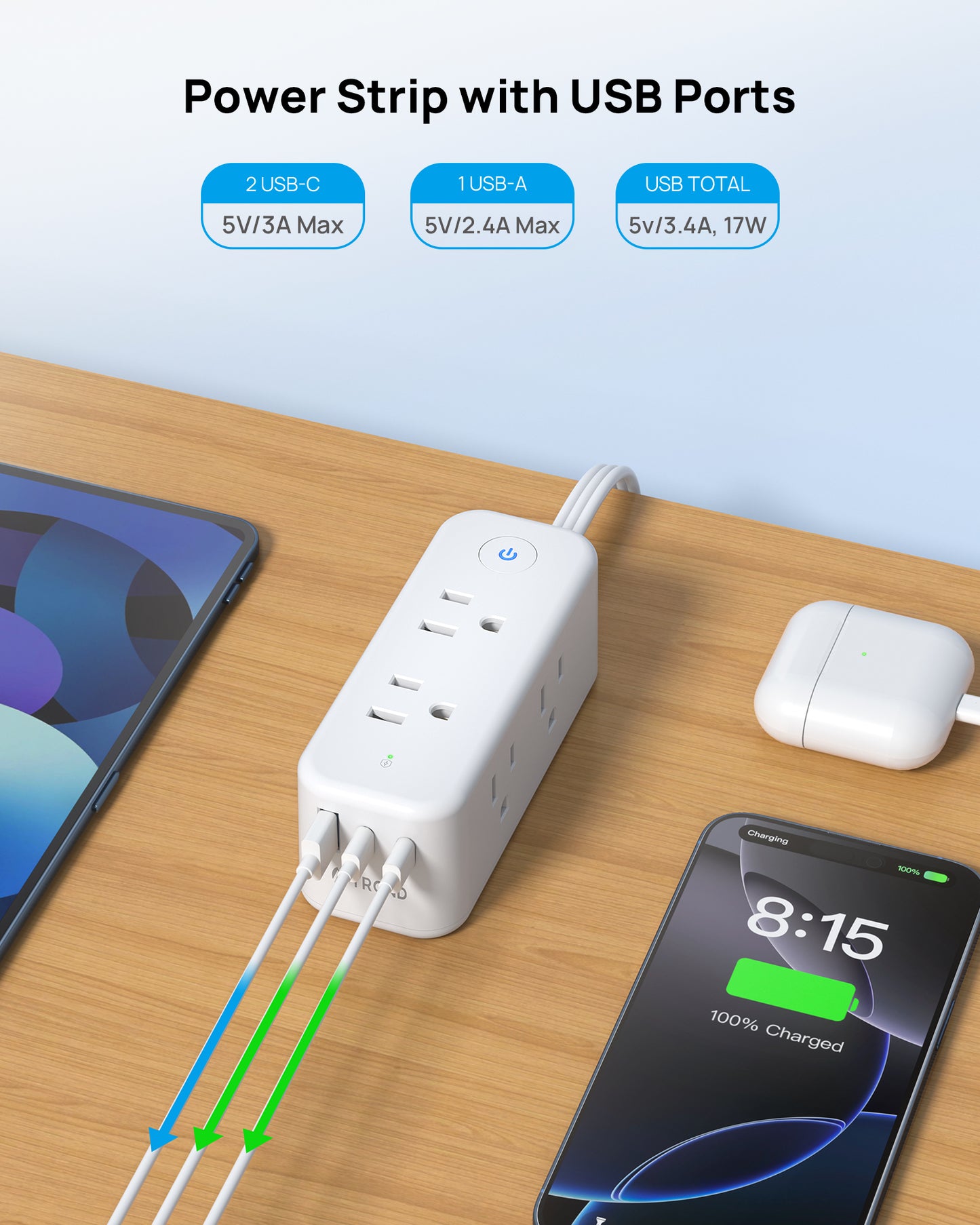 360° Rotating Flat Plug Power Strip, 6 Widely Spaced Outlets with 2 USB-C Ports