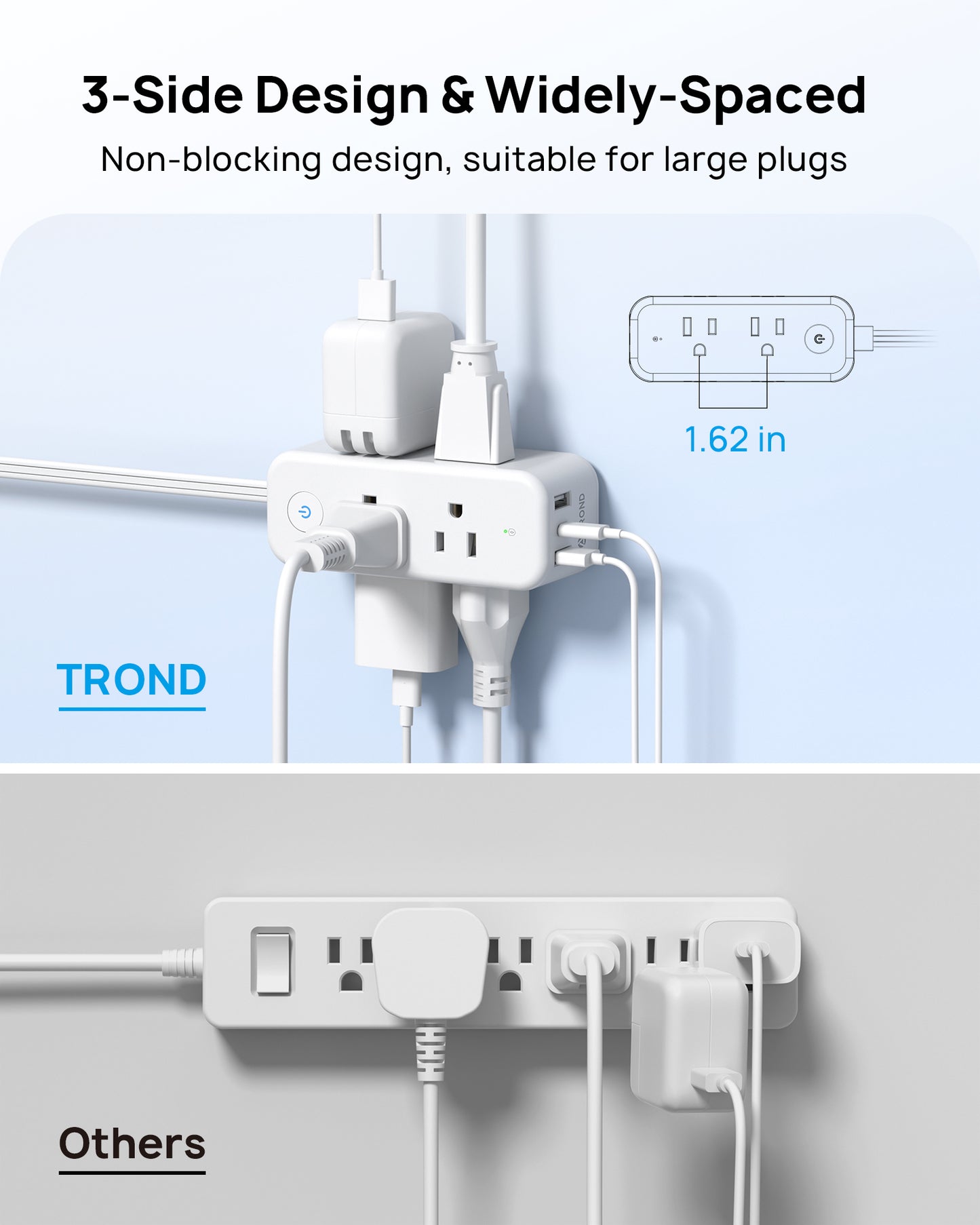 360° Rotating Flat Plug Power Strip, 6 Widely Spaced Outlets
